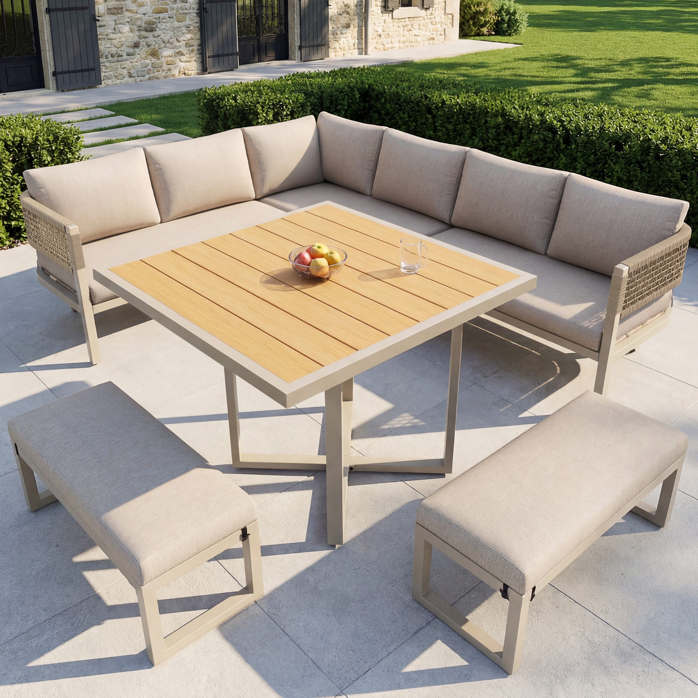 Flieks Gartenlounge-Set, 10-Sitzer Sitzgruppe Gartenmöbel aus Handgewebtem Seil mit Esstisch