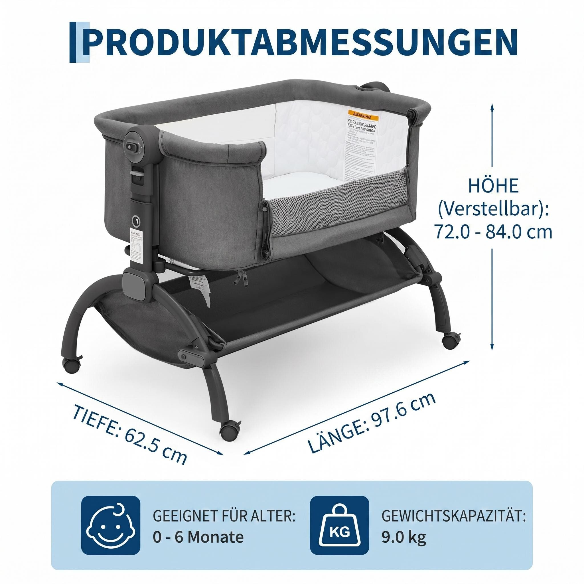 GarveeMore Beistellbett 3 in 1 Babybett mit Rollen & Umrandung, 98 × 63 ×84 cm, bis 9 kg, 360° Rollen feststellbar, 15° Anti-Reflux-Neigung, höhenverstellbar