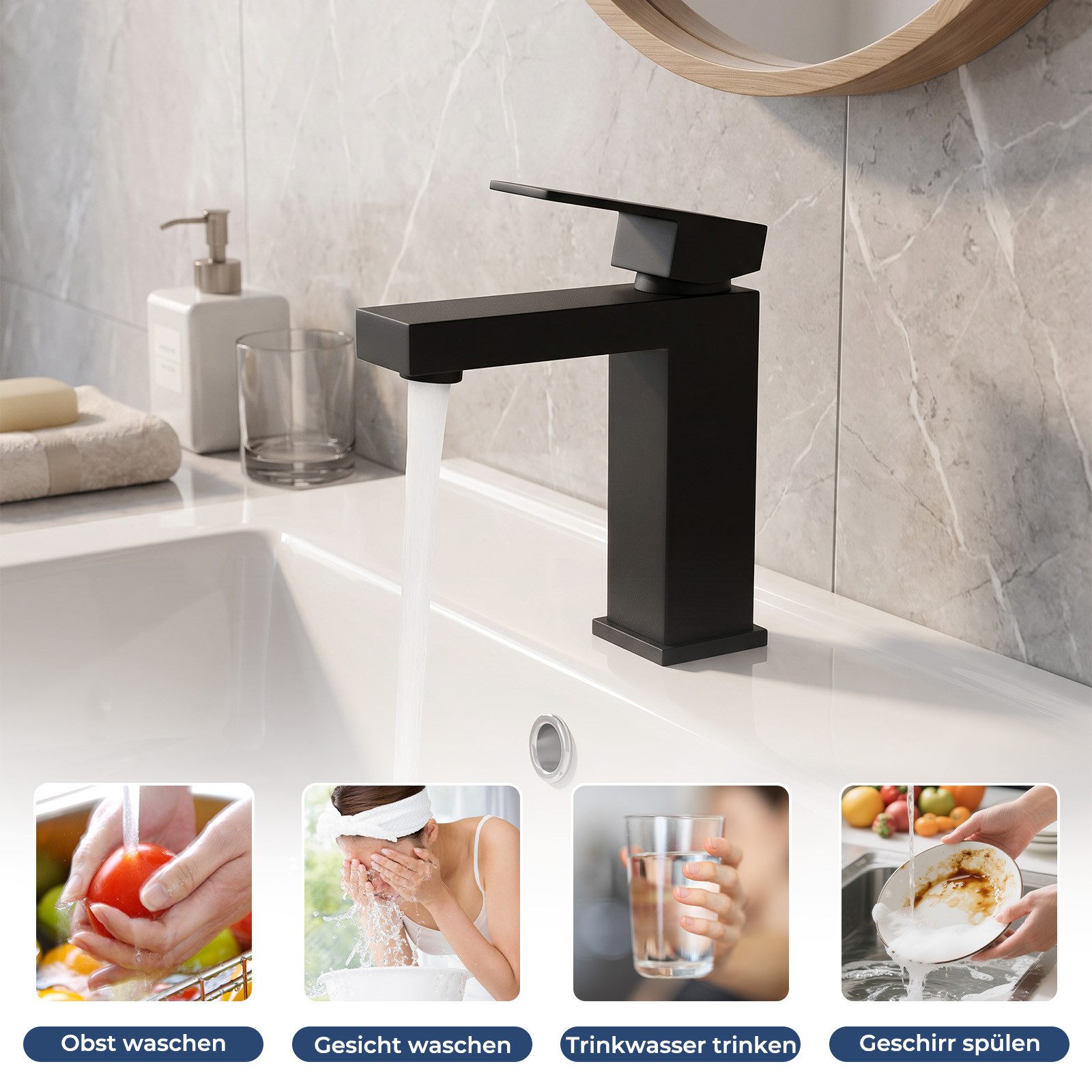 AKKEE Waschtischarmatur Wasserhahn Bad, Waschtischarmatur Schwarz Matt aus Messing Mischbatterie Waschbecken Wasserfall Waschtischarmatur – Bild 4 von 5