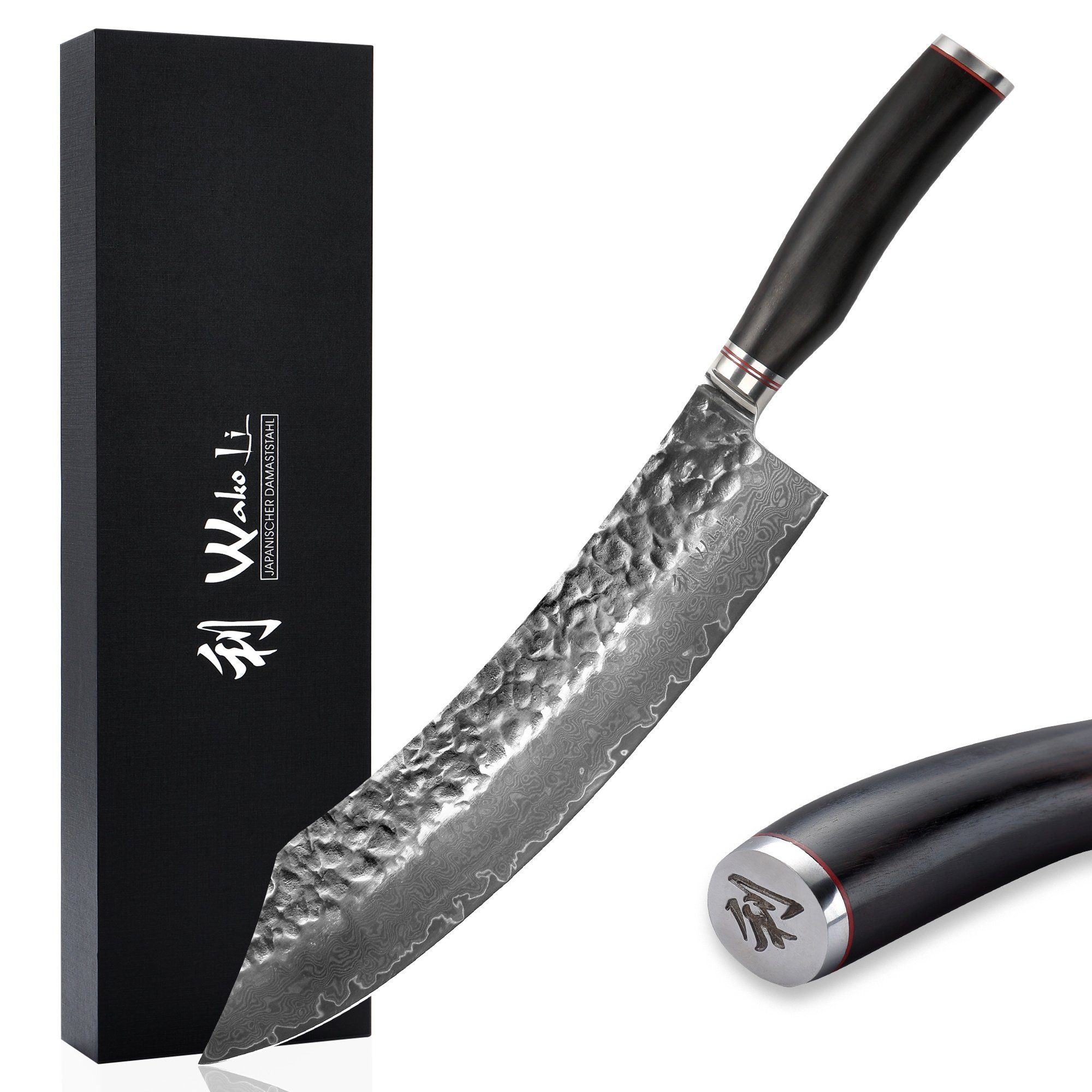Wakoli EBO Damast-Blockmesser, 17,5 Cm Klinge, 67-lagiger Damaststahl, Hammerschlag-Optik, Schwarzer Eichenholzgriff – Profi-Küchenmesser Für Fleisch & Gemüse