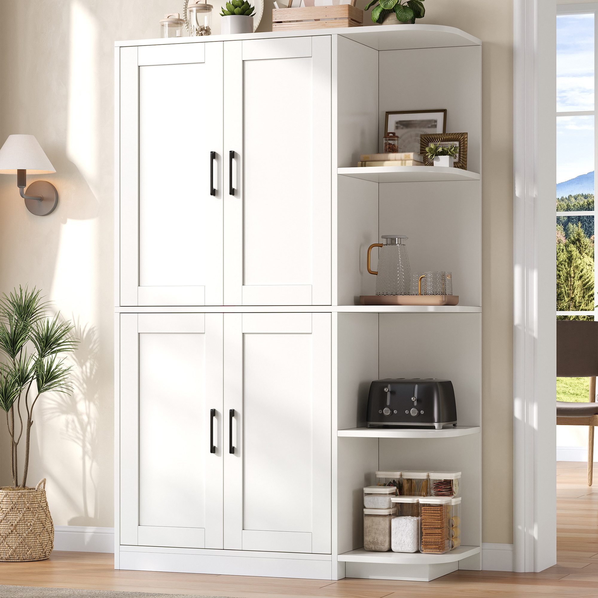 Flieks Hochschrank Eckschrank mit 4 Türen und 4 offenen Ablagefächern (Mehrzweckschrank für Wohnzimmer, Schlafzimmer, Esszimmer, 1-St., B103xT40xH163 cm) multifunktionaler Küchenschrank mit verstellbaren Einlegeböden Weiß