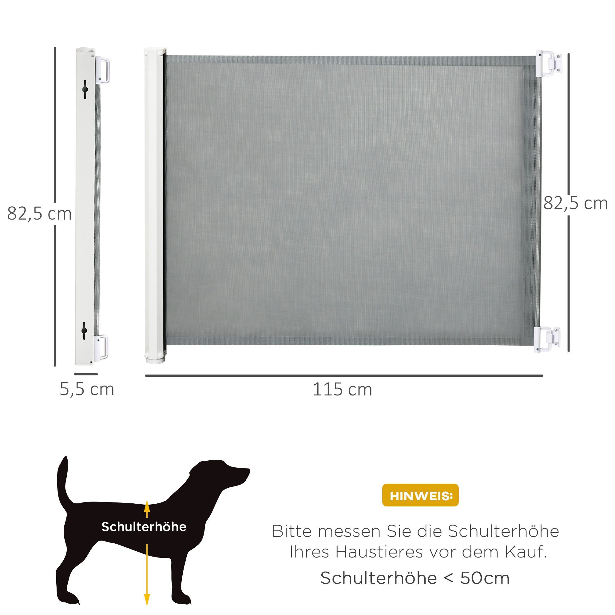 PawHut Hundegitter Türschutzgitter Rollo Einrollbar (ausziehbare Treppenschutzrollo, 1 St., Sicherheitstrennwand), Grau 5,5–115 x 5,5 x 82,5 cm