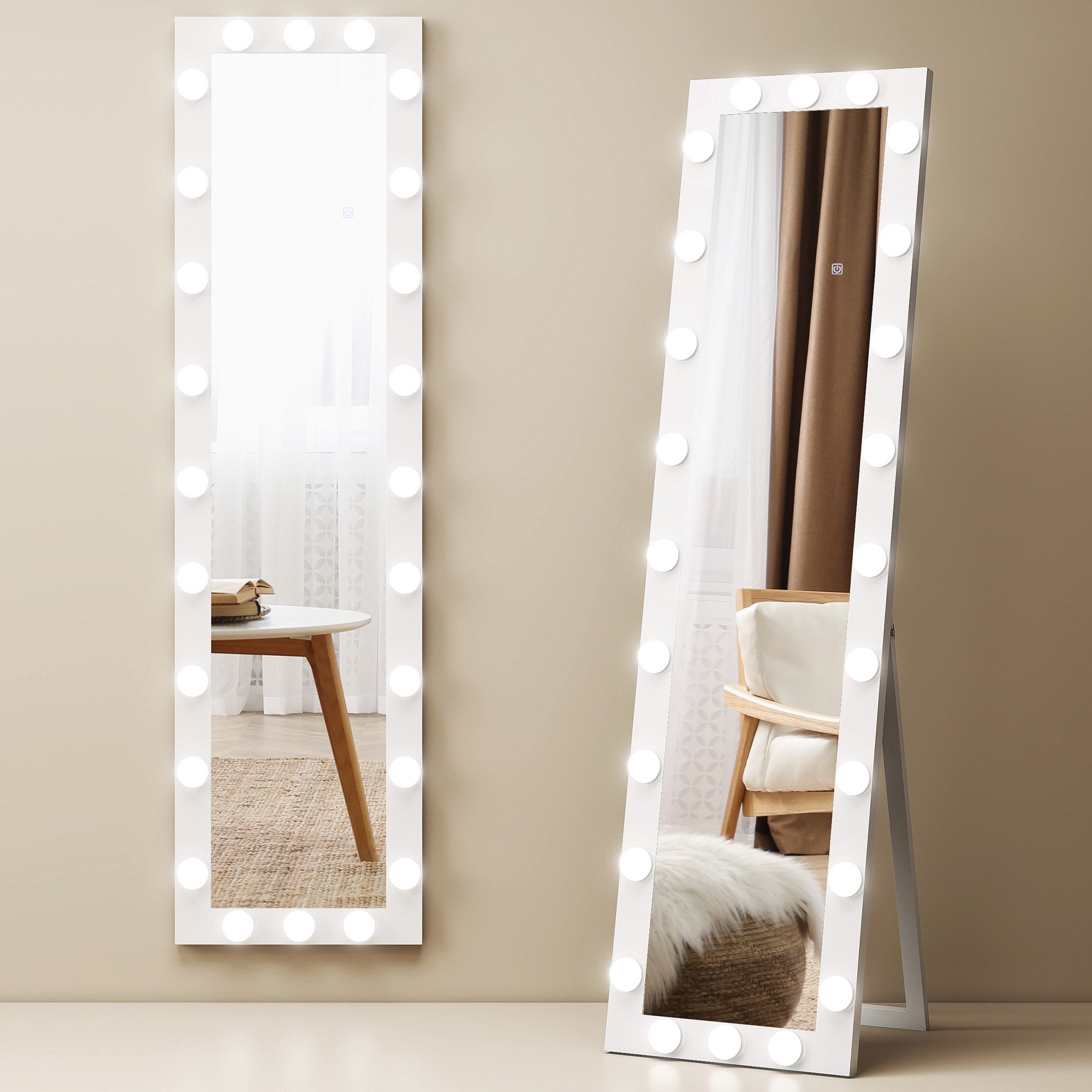 HOMCOM Standspiegel mit 24 Glühbirnen, 3 Lichtfarbe, Touch-Schalter, Memory günstig online kaufen