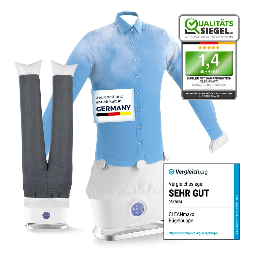 CLEANmaxx Bügelsystem automatischer Hemdenbügler mit Dampffunktion inklusive Hosenaufsatz, 1800 W, Innovativer Bügler für Hemden & Blusen, Bügelautomat Bügelpuppe