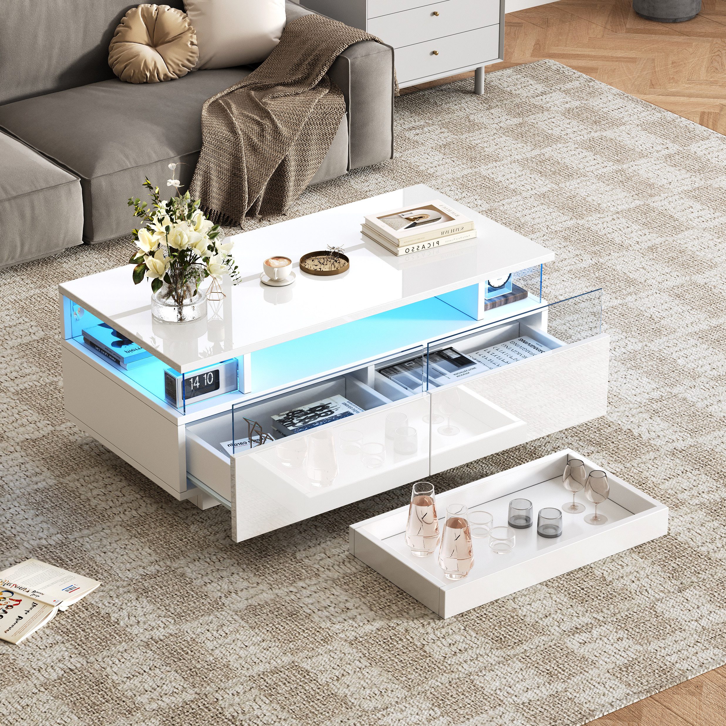 Merax Couchtisch hochglanz Sofatisch Beistelltisch mit LED-Beleuchtung (90x45x35.5cm, 1-St., Schubladen aus Acryl, Glas-Seitenteilen & App-gesteuertem Licht), Wohnzimmertisch mit Tablett, 2 Schubladen & 3 Ebenen Stauraum