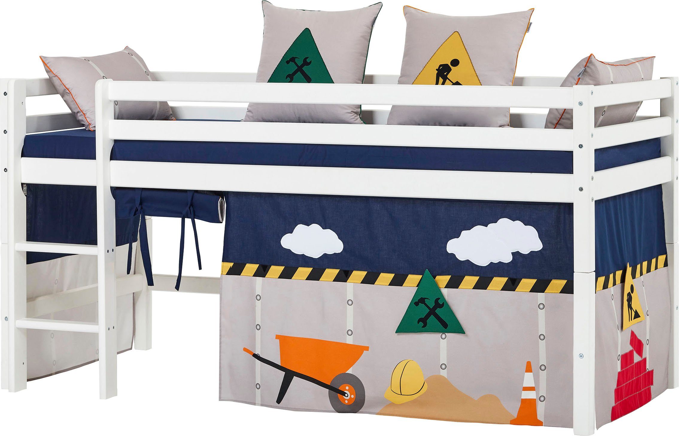 Hoppekids Hochbett «Construction» mit Baustellen-Vorhang Matratze 2 Größen