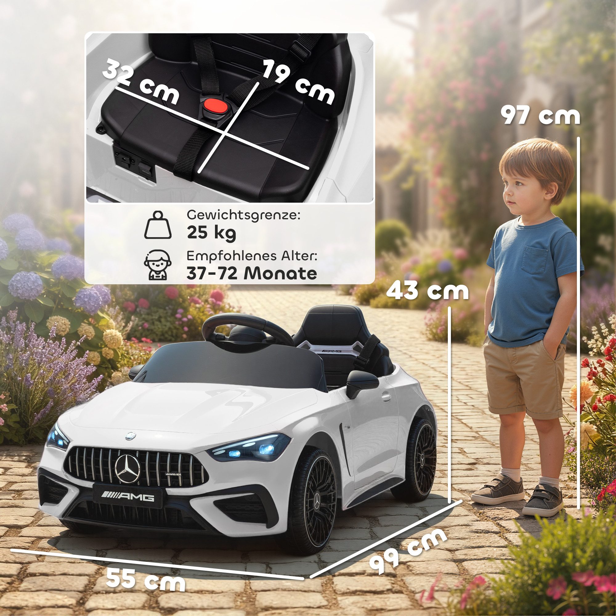 AIYAPLAY Elektro-Kinderauto Merceds-Benz AMG GTR Kinderauto mit 2,4G Fernbedienung, Hupe, Belastbarkeit 25 kg, (1-tlg), für 3-6 Jahre Kinder, Weiß