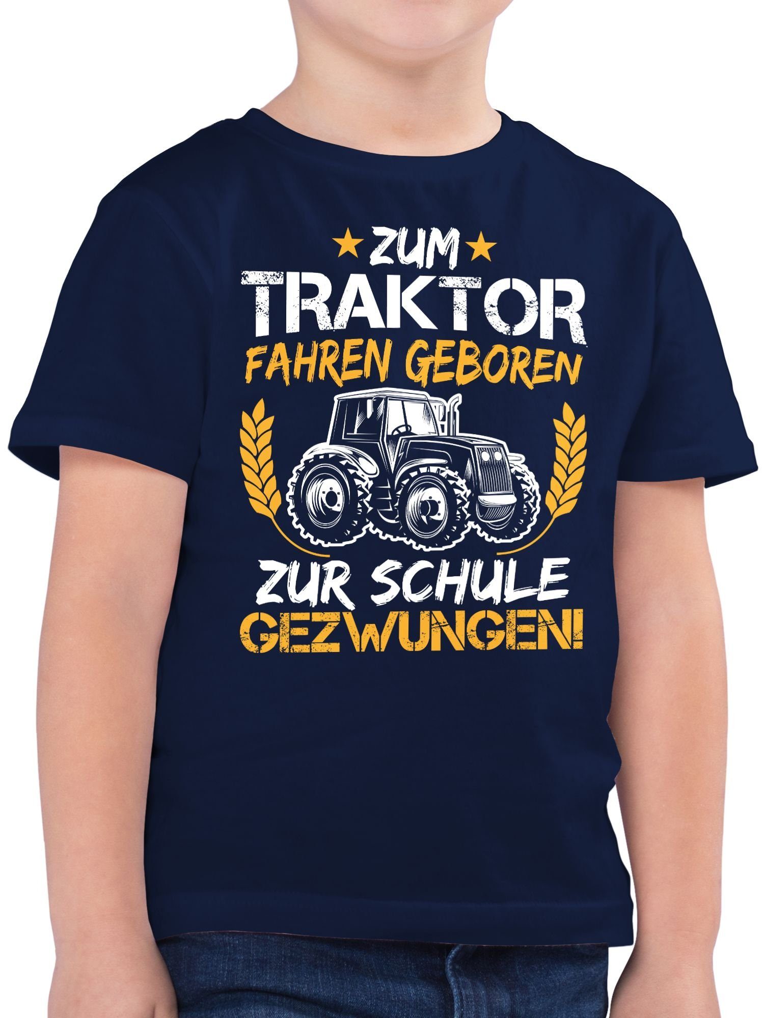 Shirtracer T-Shirt Zum Traktor fahren geboren zur Schule gezwungen Orange/Weiß Einschulung Junge Schulanfang Geschenke 3 Dunkelblau