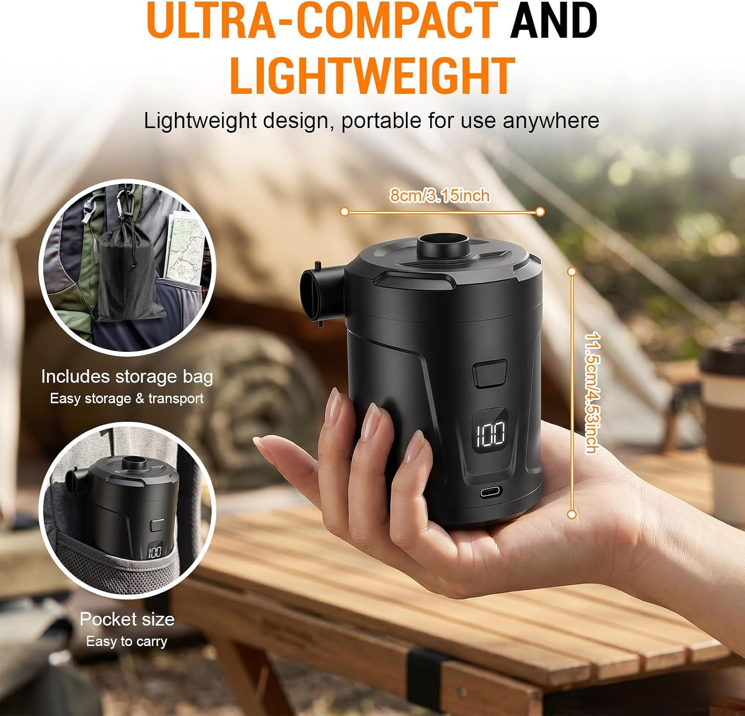 Fyrove Akku-Luftpumpe Elektrische Luftpumpe 5200mAh Pumpe Akku mit 4 Düsen (wiederaufladbare Mini-Akku-Luftpumpe, 400L/min Schnelles Aufblasen Luftmatratzenpumpe), Tragbare Luftmatratzenpumpe für Pool Schwimmer, Camping, Typ-C