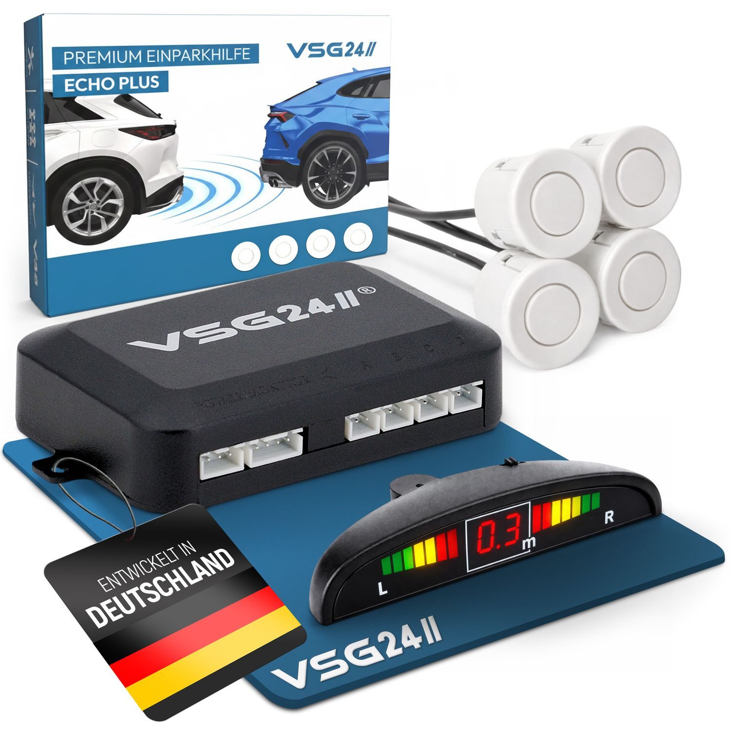 VSG24 Premium Display Einparkhilfe ECHO PLUS Parkhilfe zum nachrüsten PDC Rückfahrkamera (Rückfahrwarner mit Display & 4 Sensoren Stecksystem Nachrüstsatz)