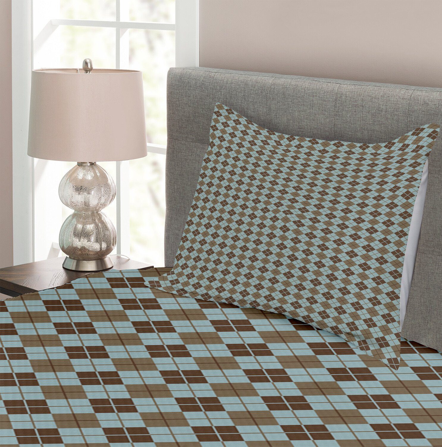 und Set Tagesdecke mit Abakuhaus, Brown Argyle-Muster Blau Kissenbezügen Waschbar,