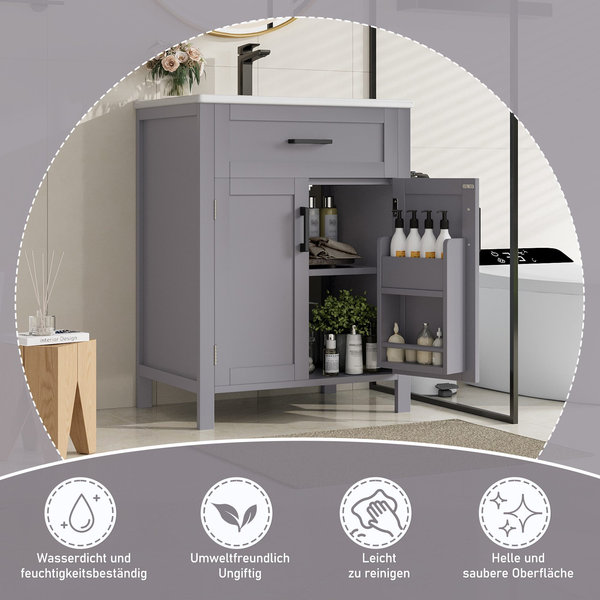Fine Life Pro Waschbeckenschrank Freistehender Badezimmerschrank 60x46x84,8cm