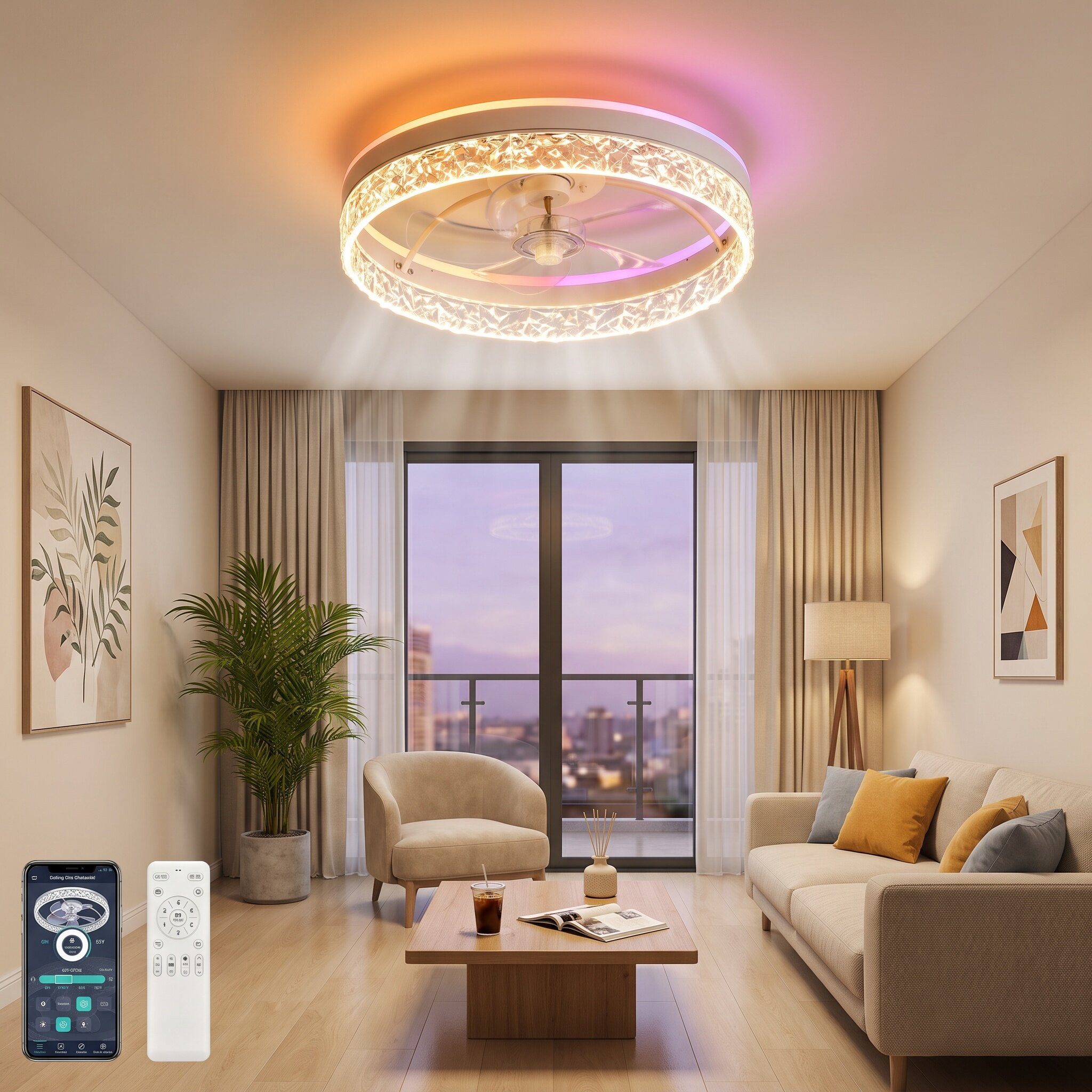 oyajia Deckenventilator 68W Leise Deckenventilator,Kristall Deckenleuchte RGB Farbwechsel 50cm, APP Dimmbar 6 Geschwindigkeiten, Mit Fernbedienung für Schlafzimmer