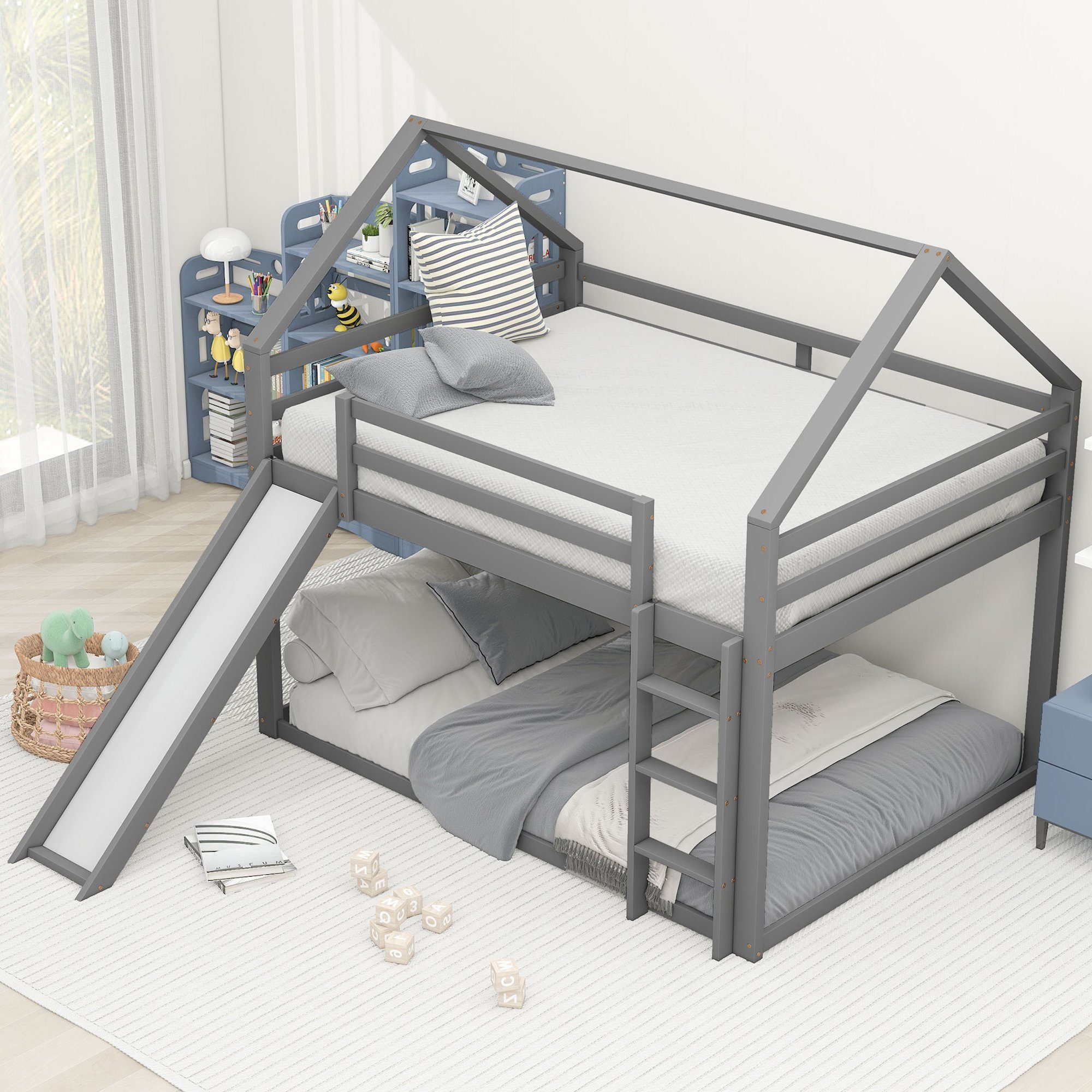 Etagenbett (inklusive Lattenrost, Rutsche, Leiter und Fallschutz), Hausbett Kinderbett mit 2 Schlafgelegenheiten, 140x200cm, Kiefer