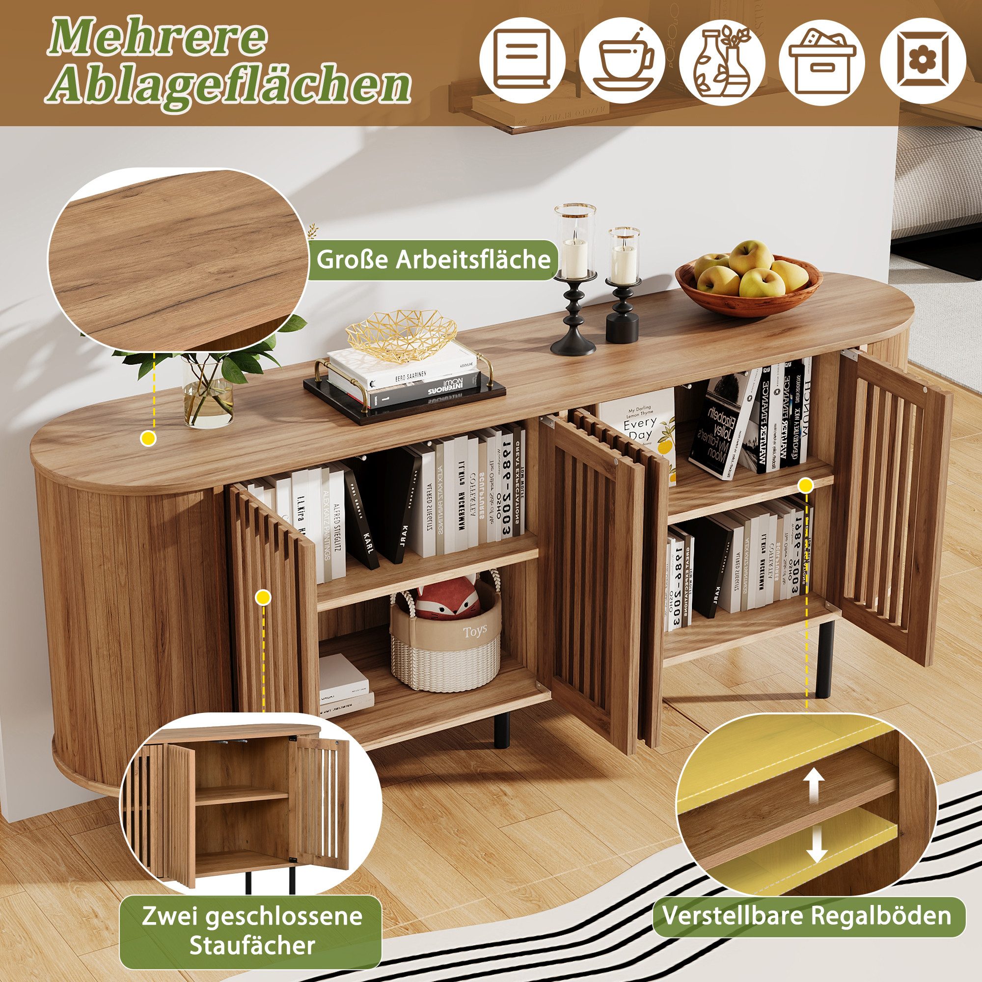 Merax Sideboard mit 4 perforierten Schiebetüren & verstellbaren Einlegeböden (160x40x70cm, 1 St), Kommode Buffet Anrichte Buffetschrank Schrank mit Metallbeinen – Bild 5 von 5