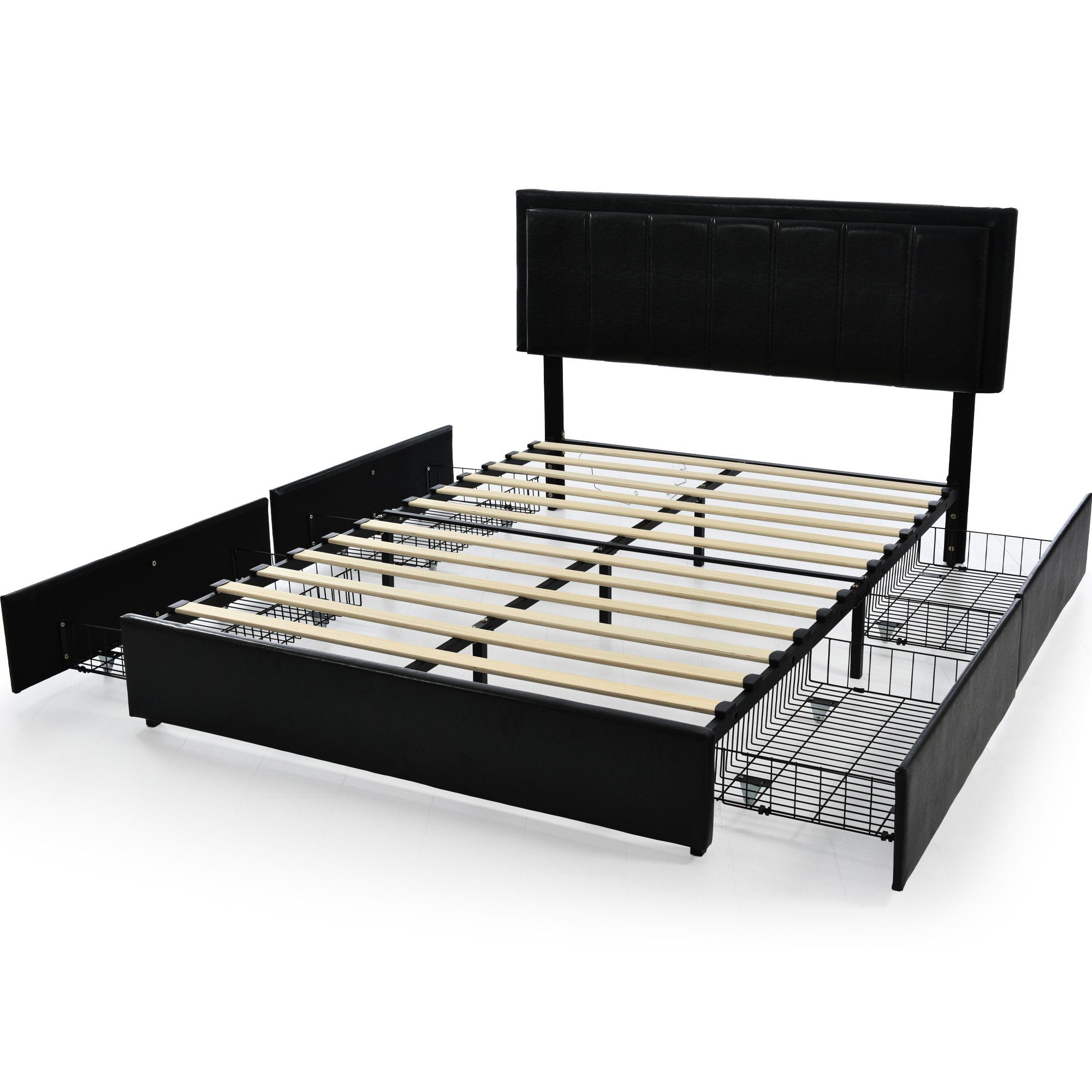 Polsterbett (Funktionsbett, 140 x 200 cm, mit 4 Schubladen, verstellbarem Kopfteil und Lattenrost), Doppelbett mit LED-Beleuchtung, Lattenrost aus Holz, Kunstleder