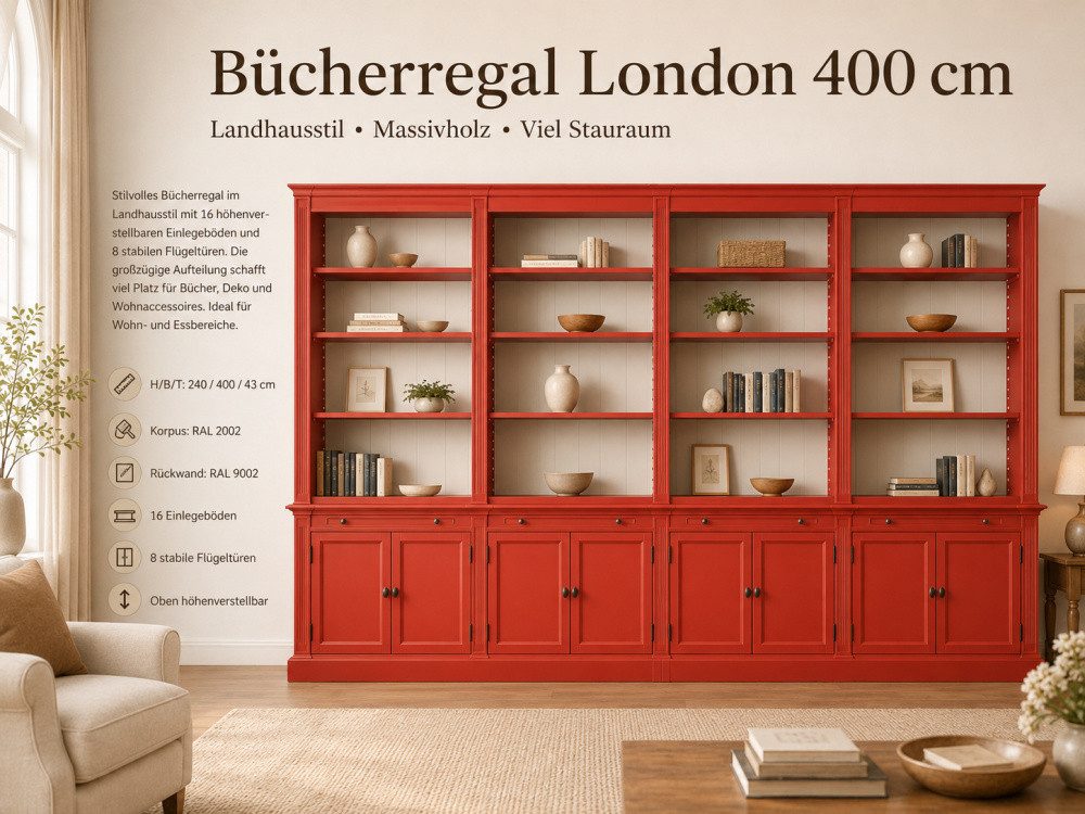 Wohnpalast Bücherregal Bücherschrank London 400 cm - mehrteilig Bücherregal im Landhausstil