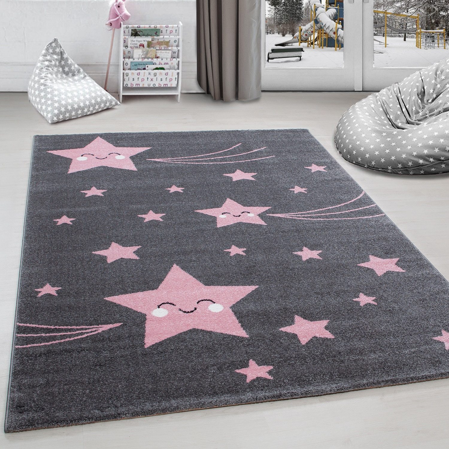 Kinderteppich Sterne-Design, Carpettex, Läufer, Höhe: 11 mm, Kinderteppich Stern-Design Rosa Baby Teppich Kinderzimmer Pflegeleicht