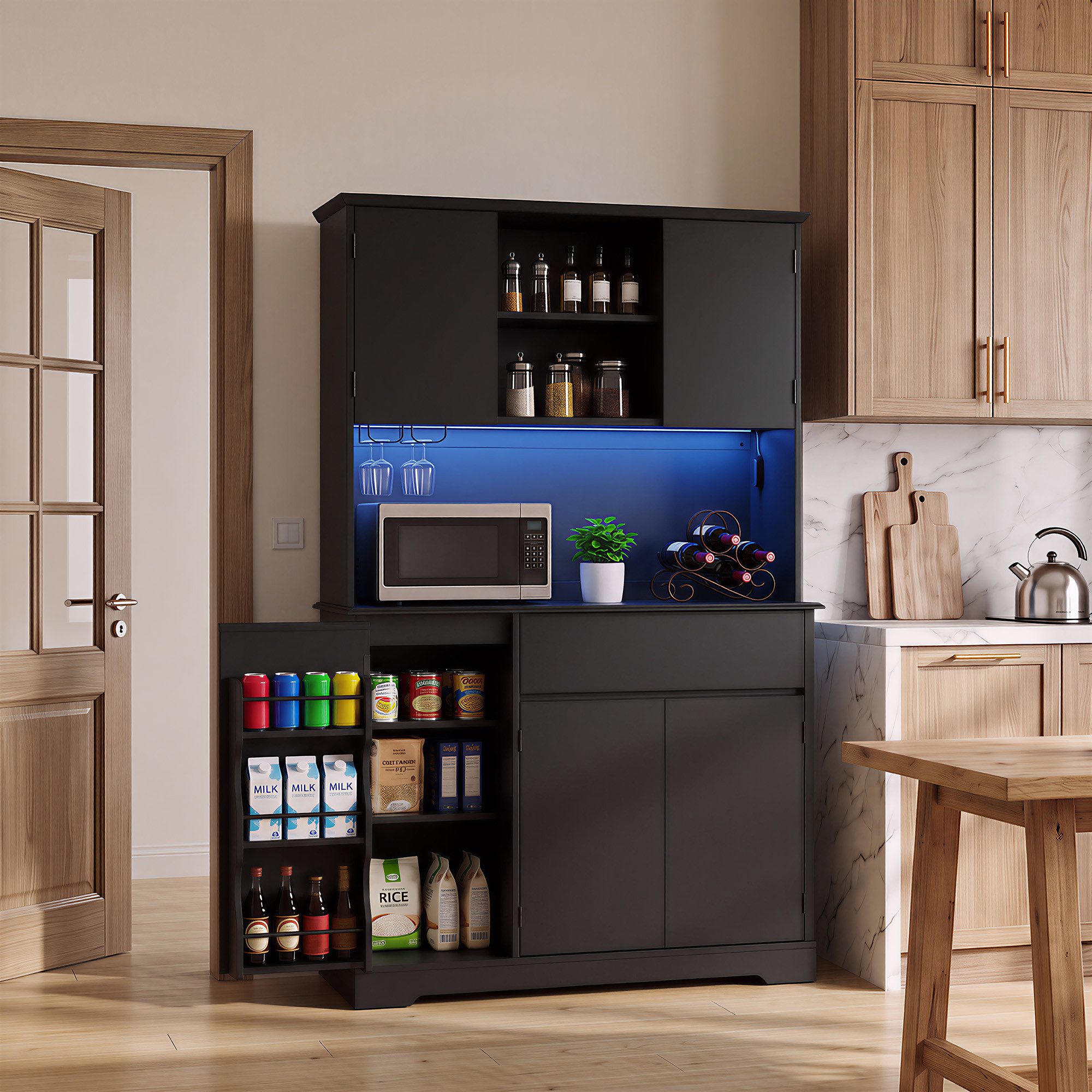 Bealife Küchenbuffet Küchenschrank mit Arbeitsplatte mit 1 Schublade und 5 Türen (Mit LED-Licht (farblich einstellbar) & Steckdose)
