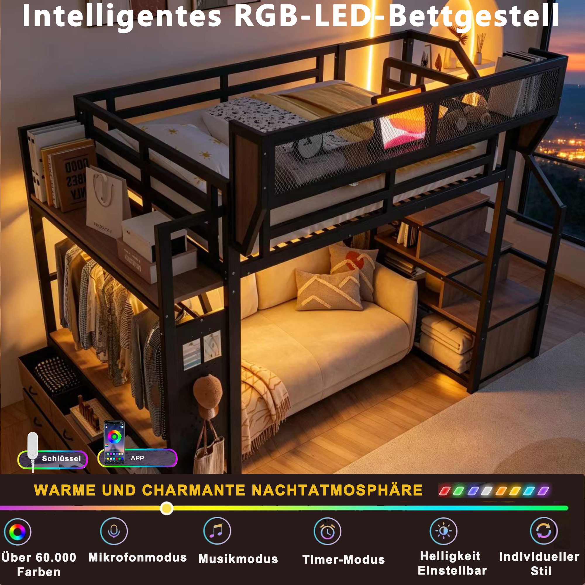 MODFU Hochbett Metallbett mit LED-Beleuchtung, Ablagefach, Jugendbett (140x200cm, mit Kleiderstange, Stoffschublade und abnehmbarem Ablagekorb, Stauraumbett Kinderbett) ohne Matratze