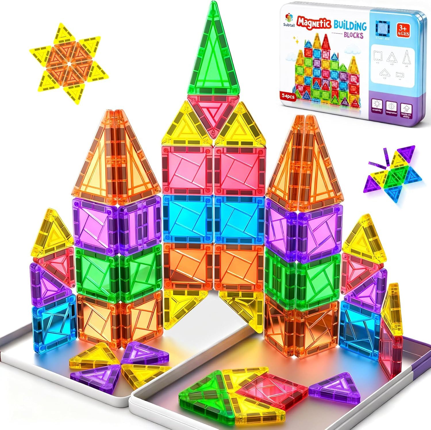 Ophy 54-teiliges Mini-Magnetbausteine-Set – Reiseset mit Magnetspielzeug Magnetspielbausteine, (54 St., für Kinder ab 3–7+ Jahre), Geschenk für Jungen & Mädchen (Magnetic Tiles)