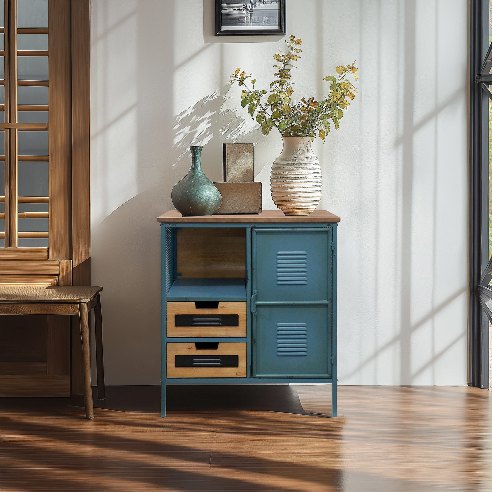 G-LEAF Kommode Sideboard in Industriestil, Retro Kommode Metallschrank mit Holzplatte (1 St), mit 2 Schubladen und 1 Tür, für Wohnzimmer, Küche, Flur