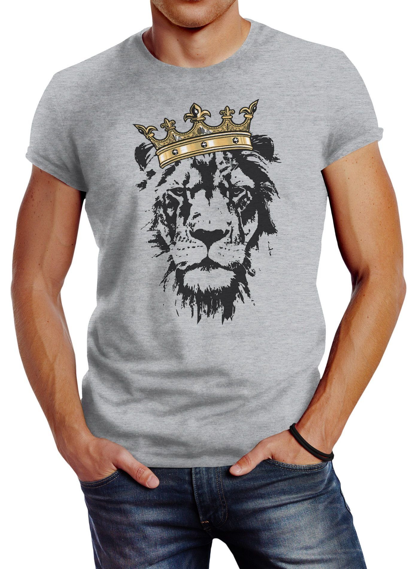 Neverless Print-Shirt Herren T-Shirt König der Tiere Löwen-Kopf mit Krone Slim Fit Neverless® mit Print grau