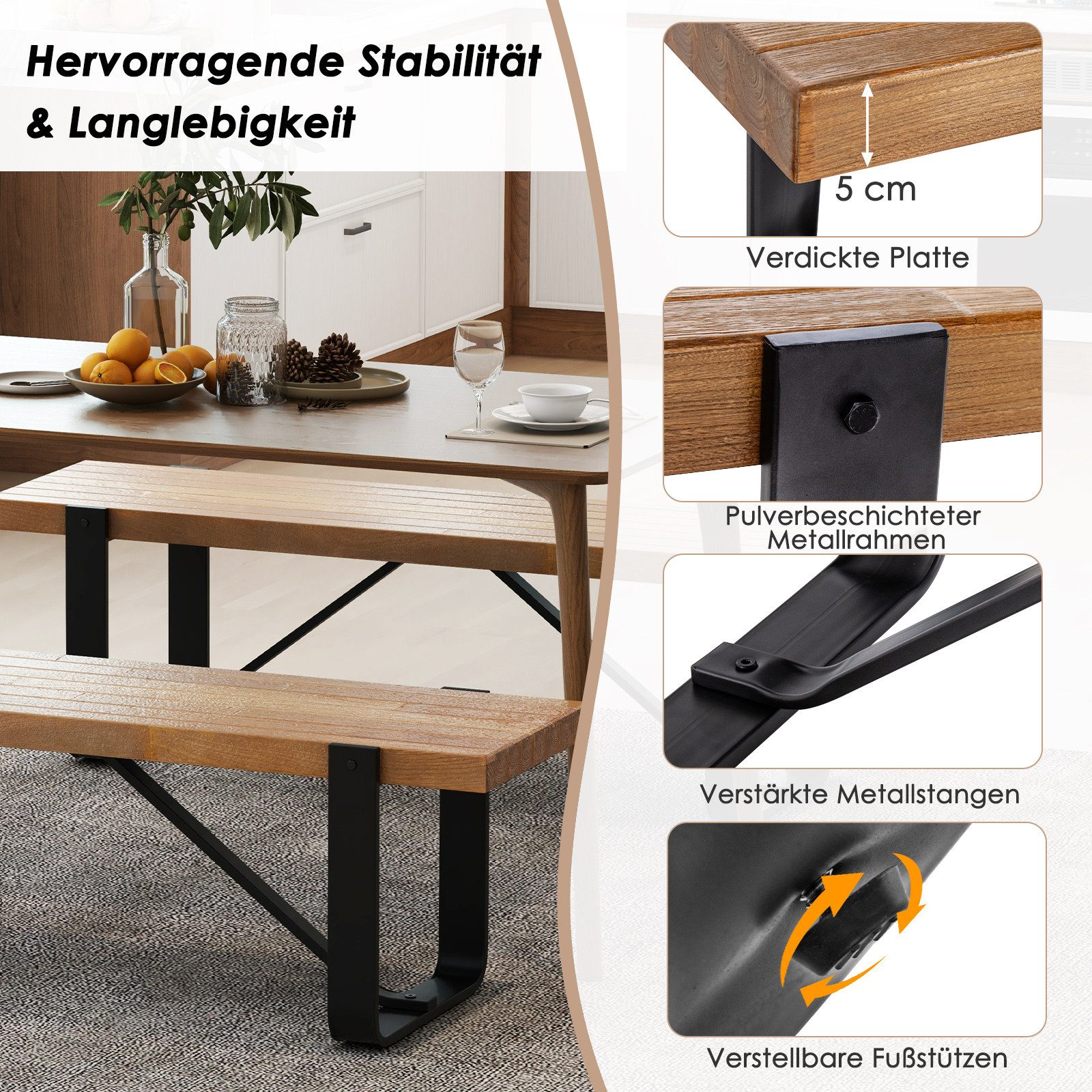 KOMFOTTEU Polsterbank, 2-3 Sitzer Holzbank, bis 300 kg belastbar