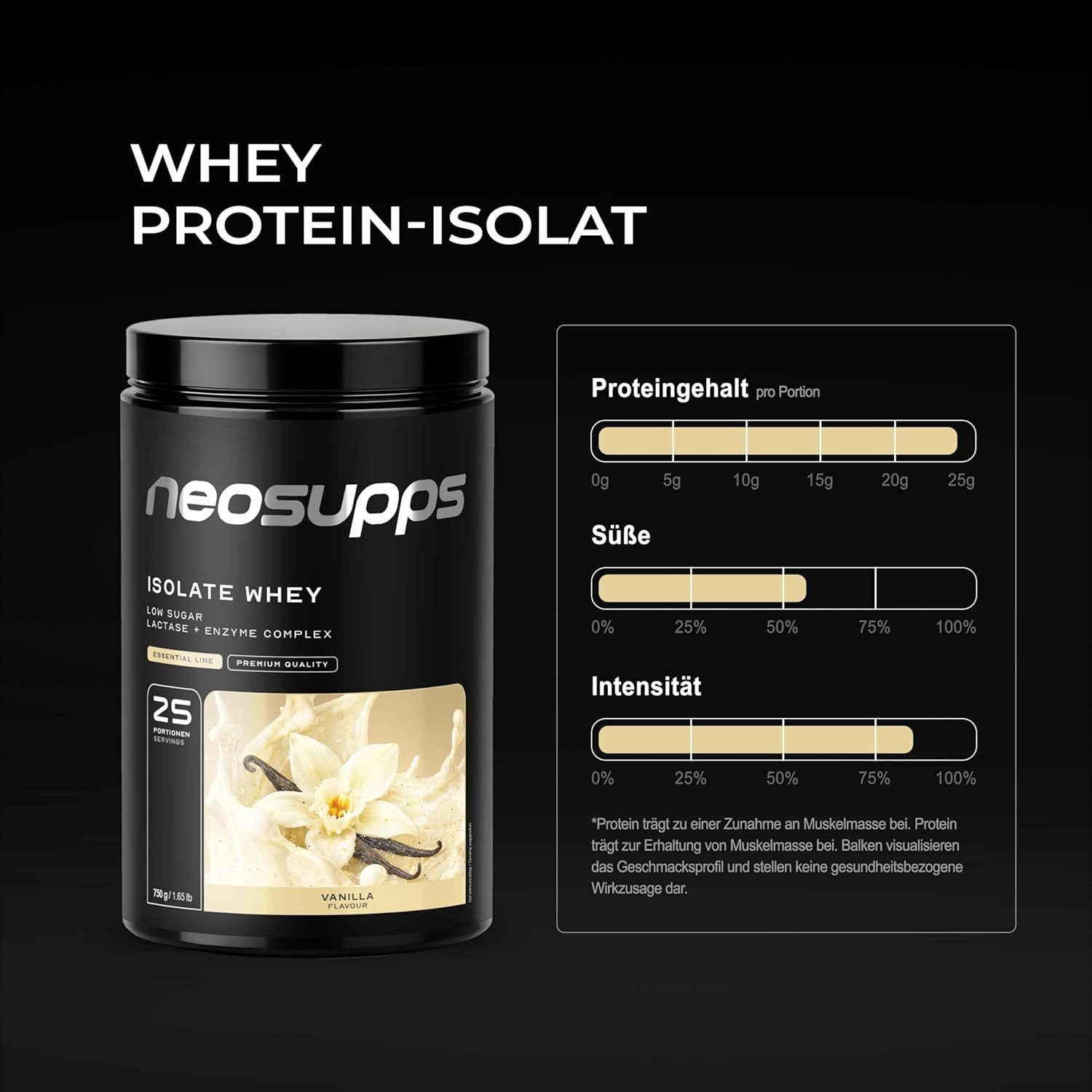 Neosupps Isolate Whey Protein Pulver Vanilla, 25g Protein pro Portion Pulver, 750 g, Eiweiss Shake unter 1g Zucker & Fett, mit Bromelain und Papain