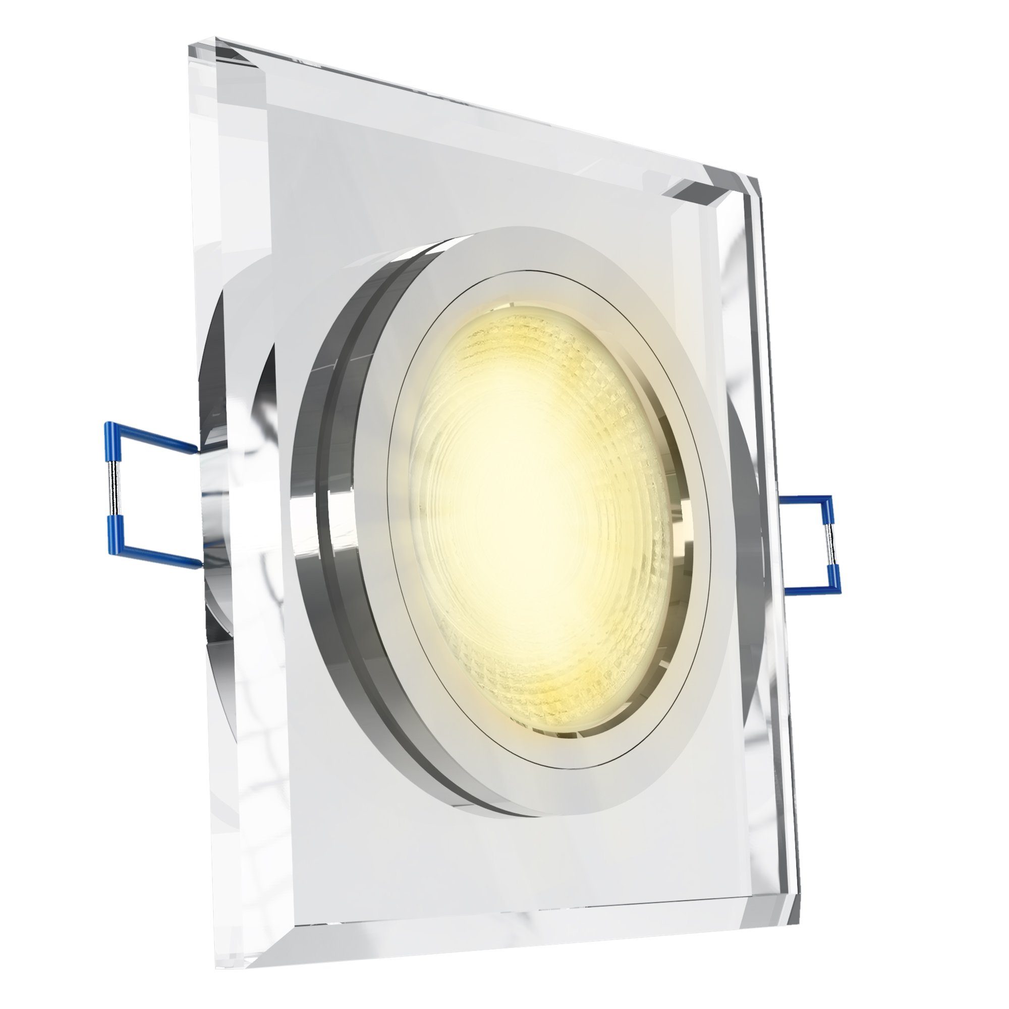 SSC-LUXon LED Einbaustrahler Einbauleuchte ALINA Deckenlampe eckig klar mit LED GU10 Birne warmweiß, Warmweiß bis Tageslicht