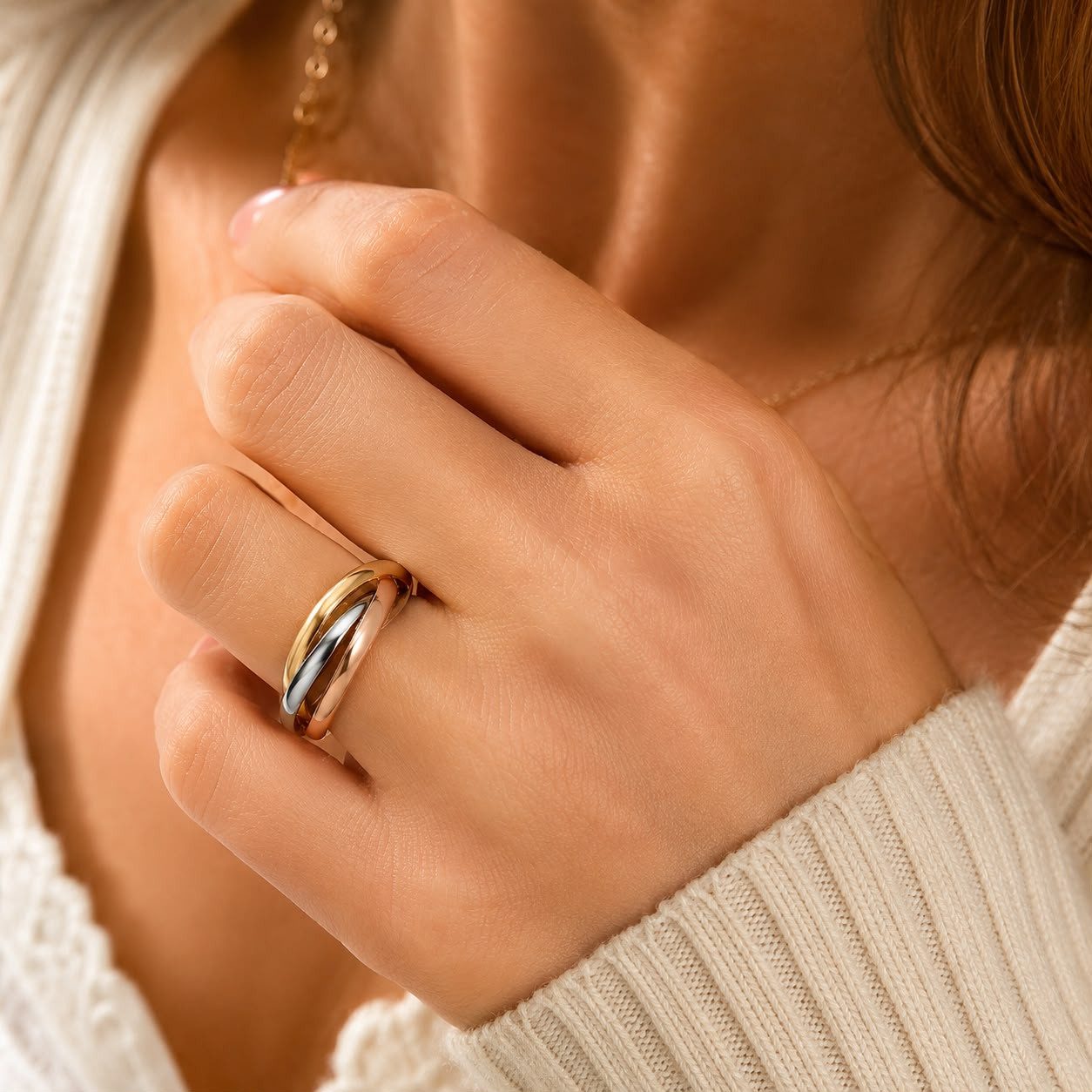 Taffstyle Fingerring Damen Ring Edelstahl Tricolor Gold Silber Rose Elegant Dreier Ring (Zeitloser Damenring in drei Farben mit glänzendem Design) – Bild 3 von 5
