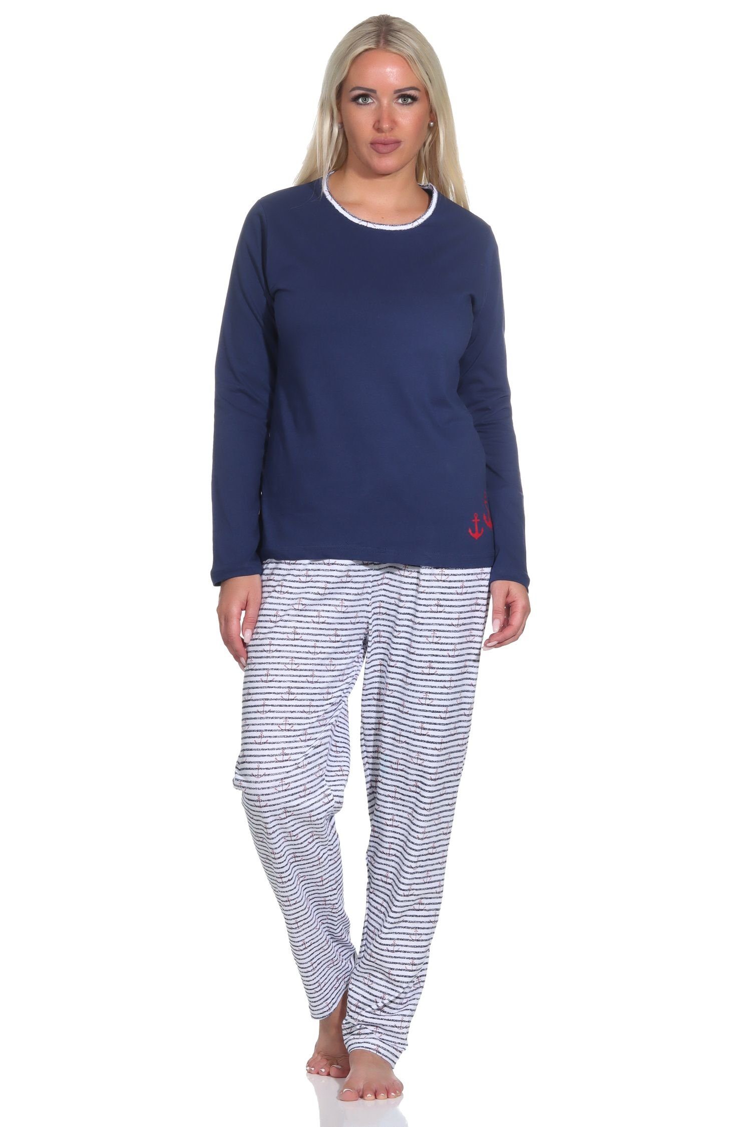 marine MARITIM Pyjama Pyjama, in Damen Streifen Schlafanzug Normann Optik langer