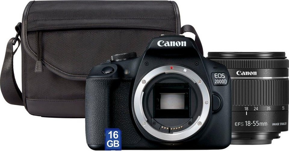 Canon EOS 2000D Kit Spiegelreflexkamera (EF-S 18-55 IS II, 24,1 MP, NFC,  WLAN (Wi-Fi), inkl. EF-S 18-55 IS II Objektiv), Inkl. Objektiv EF-S 18-55  mm IS II, Kameratasche und SD-Karte