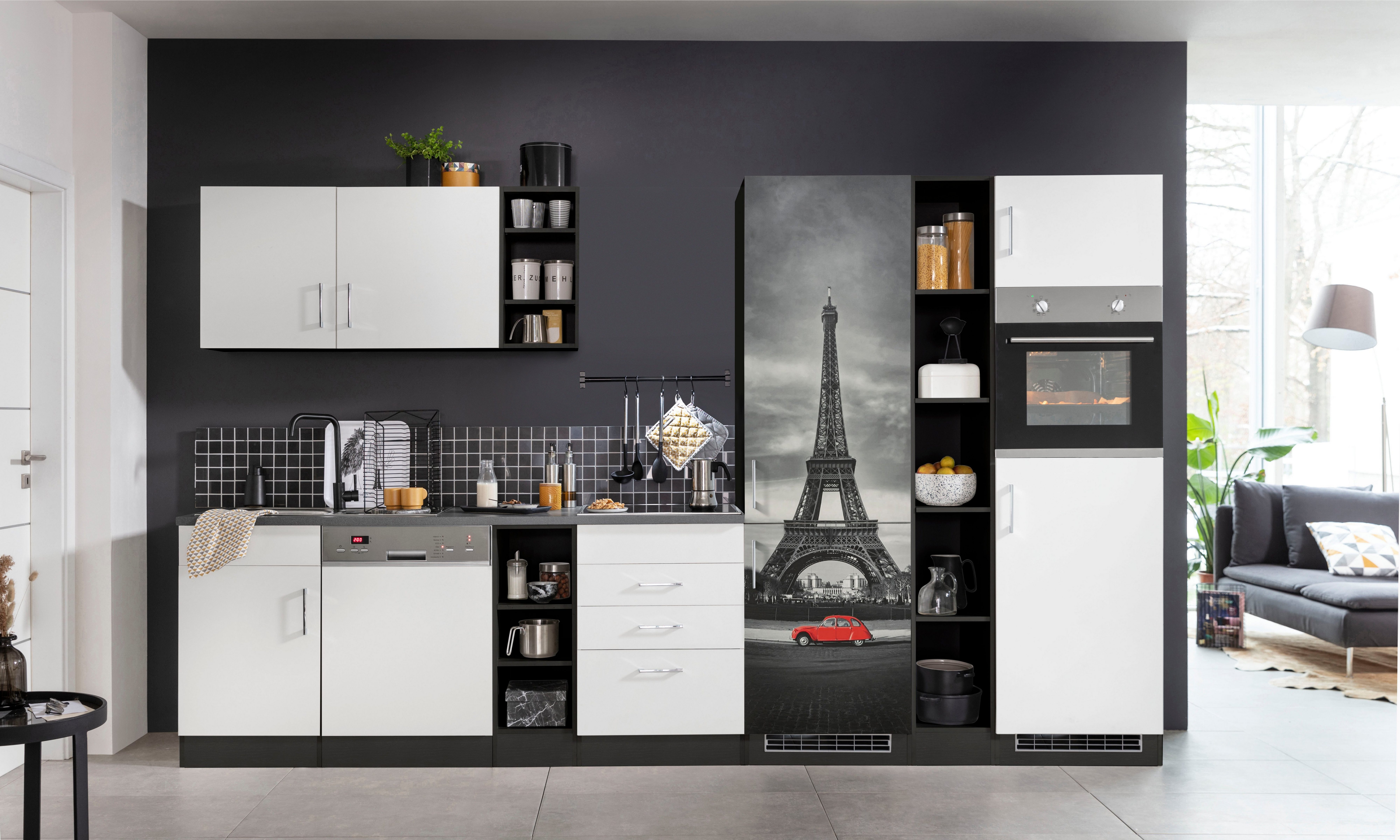 KOCHSTATION Küchenzeile KS-Paris – Küchen mit einzigartigen Fotomotiven auf den Fronten, Breite 350 cm, wahlweise mit E-Geräten und Induktion