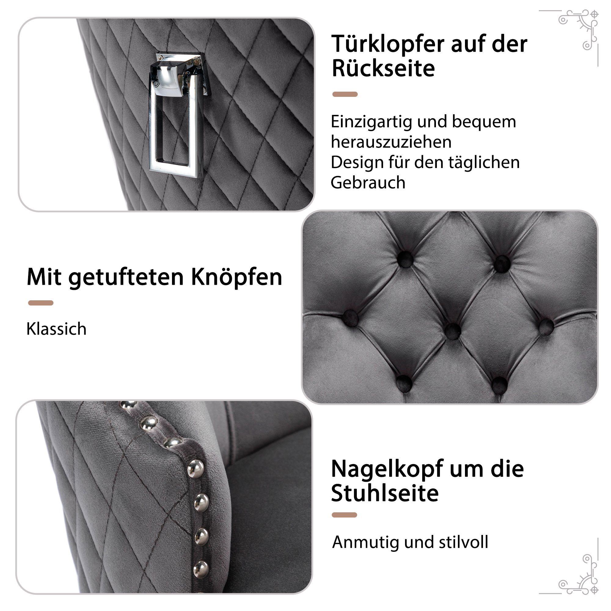 Esszimmerstuhl (Polsterstuhl, 4 St), mit Türklopfer, Beine aus Edelstahl, gepolsterte Sitzfläche aus Samt