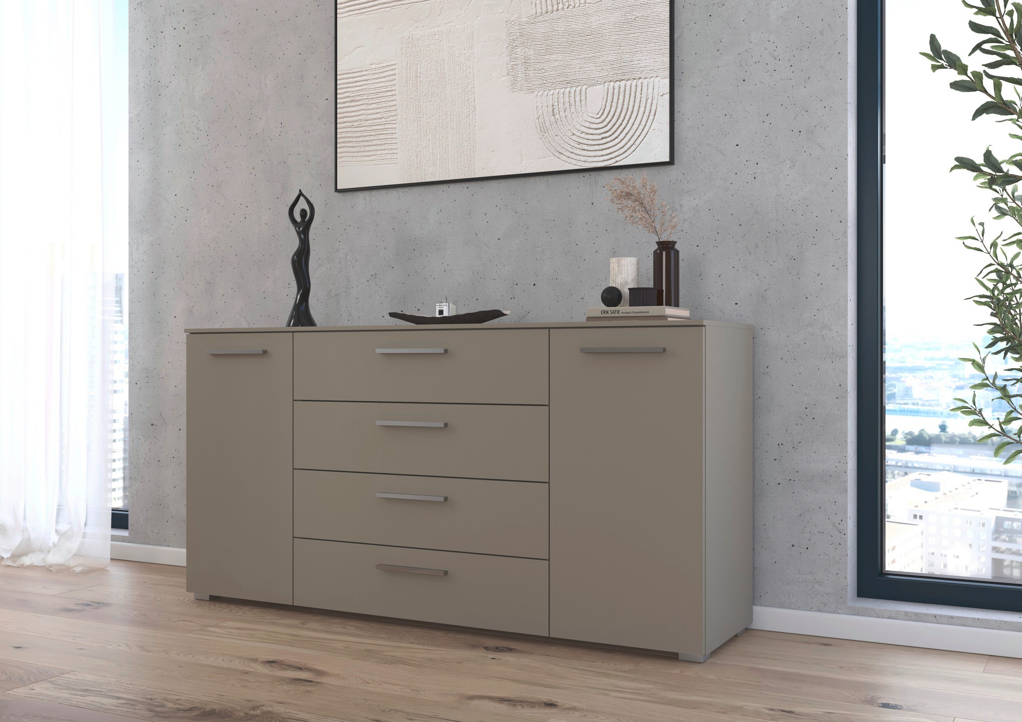 rauch Kombikommode Sideboard Schubkommode Kommode MONTCLAR Front Dekor/Hochglanz/Glas (Breite 160 / Höhe 81 cm, 2 Einlegeböden, inkl. Soft-Close-Funktion), 2-türig, 4 geräumige Schubladen, viele Griffvarianten MADE IN GERMANY