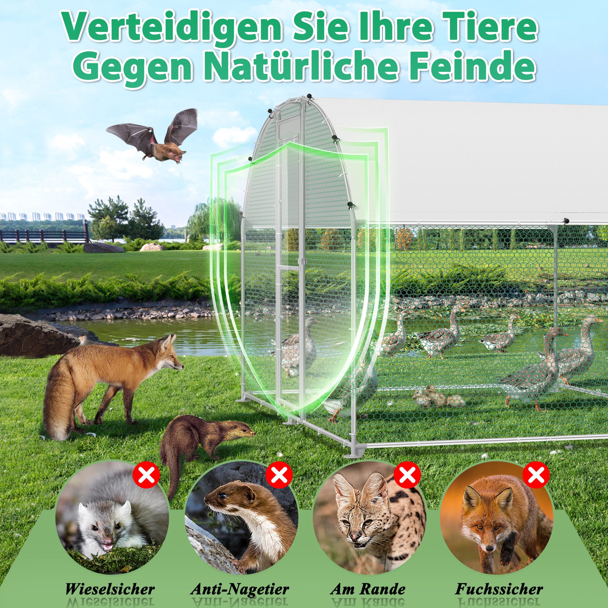 FIVMEN Hühnerstall Freilaufgehege Käfige Kleintierstall Verzinkter Stahl mit PE Dach, Hühnerkäfig Geflügelstall Voliere mit Schloss Kuppeldach Geflügelstall – Bild 3 von 5