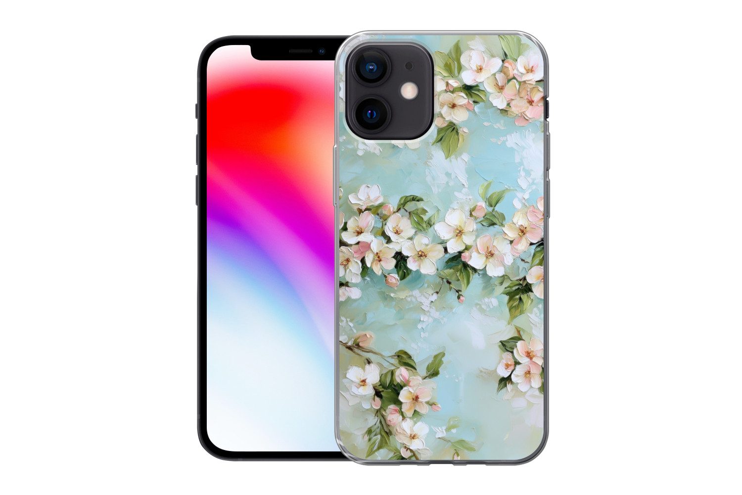 MuchoWow Handyhülle für Apple iPhone 12 Blüte - Blätter - Hellblau, Smartphone-Bumper, Print, Handy Schutzhülle Dünn