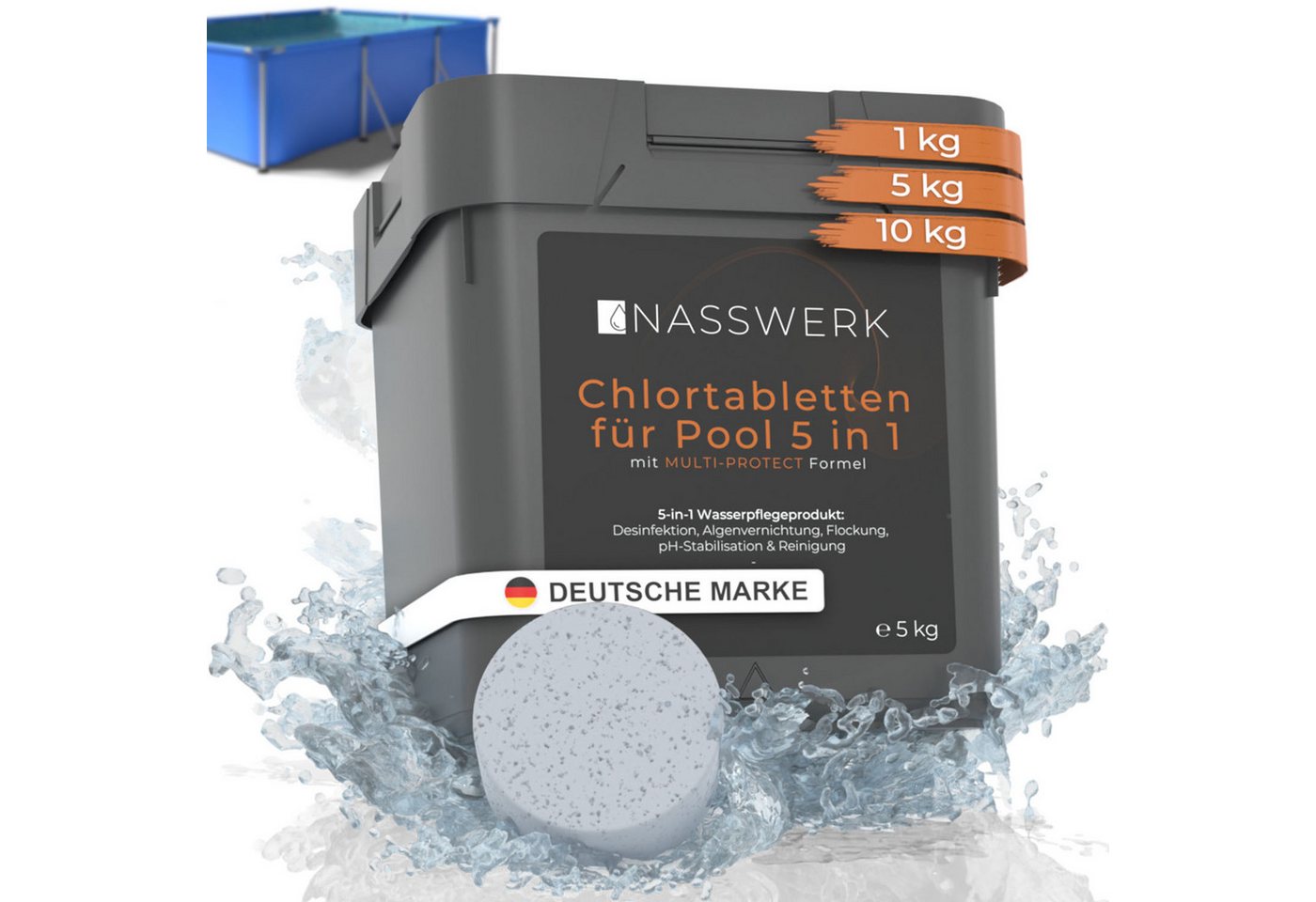 Nasswerk® Chlortabletten Multitabs 5-in-1 für Pool & Whirlpool – Chlorpflege komplett, Langsam lösliche 5-in-1 Tabs für kristallklares Poolwasser 5 kg