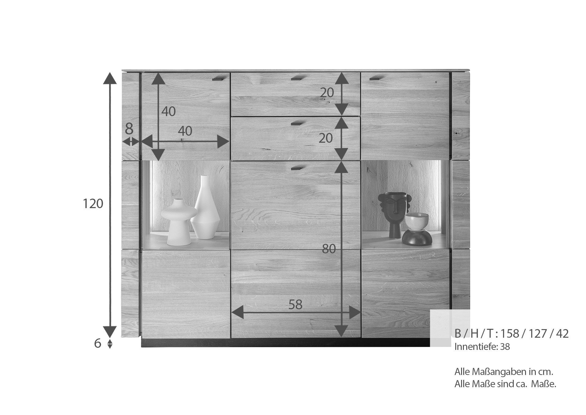 Woodroom Highboard Zwettl (Wildeiche massiv geölt), Maße 157x127x42, Kommode, Schrank mit Glastür, massiv
