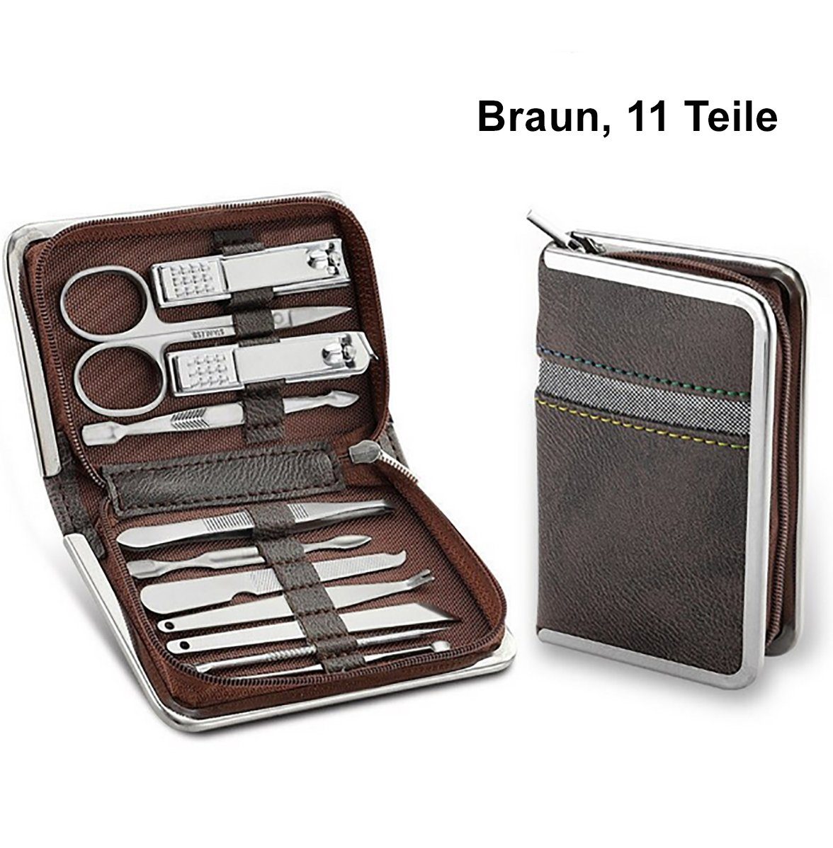 TPFBeauty Maniküre-Pediküre-Set Nagel Set mit Aufbewahrungs-Etui, 11-tlg., Nagelschere, Nagelknipser, Pinzette uvm., Edelstahl Maniküre Set Pediküre Set - Braun