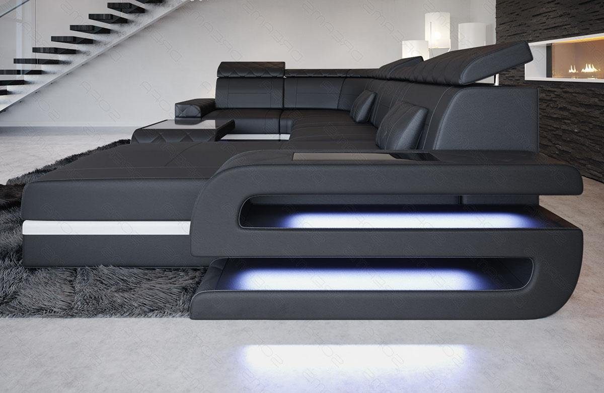 Designersofa Ledersofa, wahlweise Bettfunktion Couch, Wohnlandschaft Schlafsofa, LED, mit Leder Sofa Dreams Form Sofa U als Bologna mit