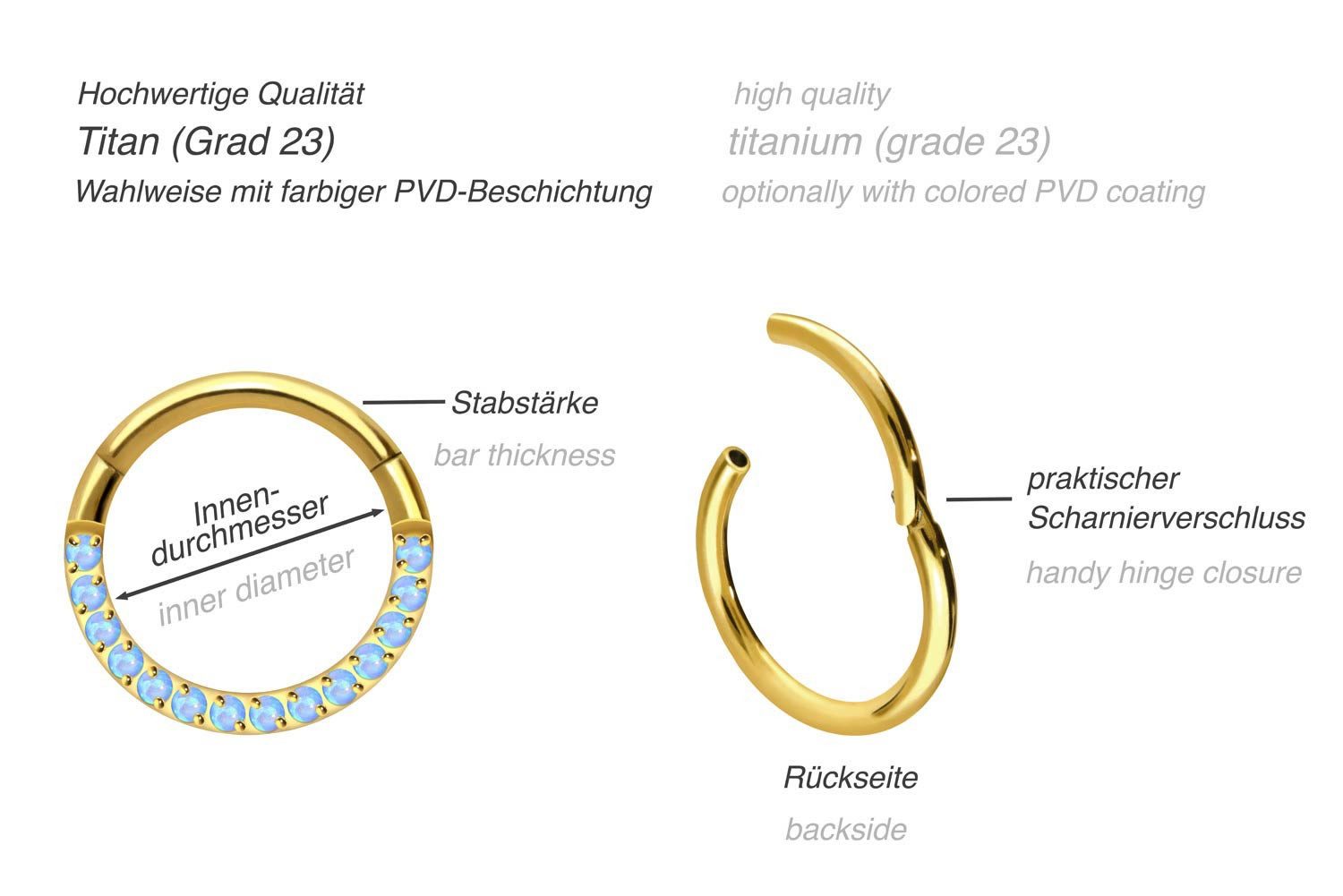 PIERCINGLINE Nasenpiercing Titan Segmentring Clicker SYNTHETISCHE OPALE Ohrpiercing Septum Nase (Clicker, 1-tlg), Ohrpiercing für Conch, Helix, Tragus, Daith, Lobe