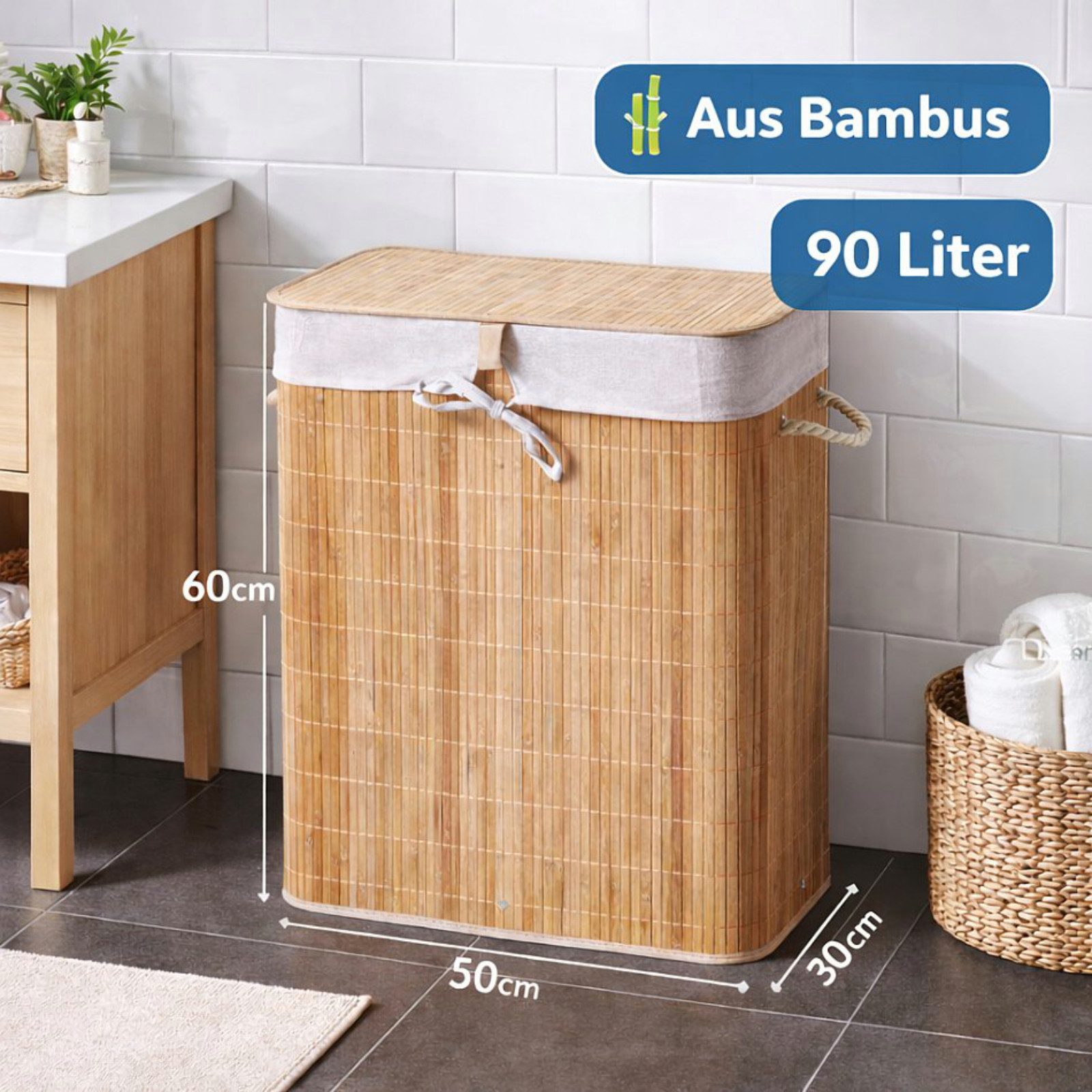 Koopman Wäschekorb Wäschebehälter Bambus 60x50x30 Bambus (Stück, 1 St., Packung), 60x50x30cm, mit Deckel, Faltbar, Tragegriffe, Modern