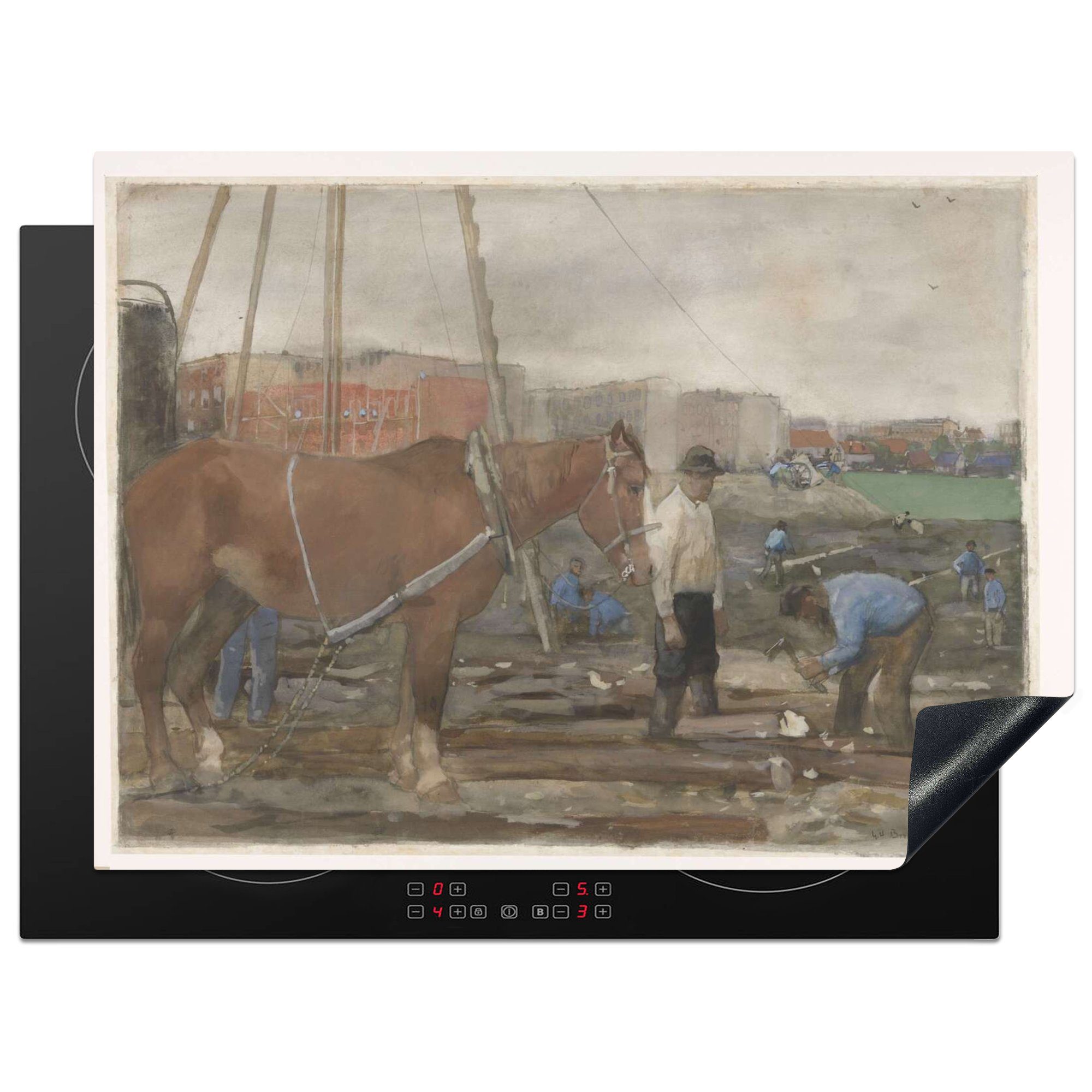 Breitner, Amsterdam in von 71x52 Herdblende-/Abdeckplatte Oud-West Schutz Hendrik Gemälde MuchoWow cm, (1 küche, tlg), die - George Baustelle Vinyl, für Ceranfeldabdeckung Induktionskochfeld