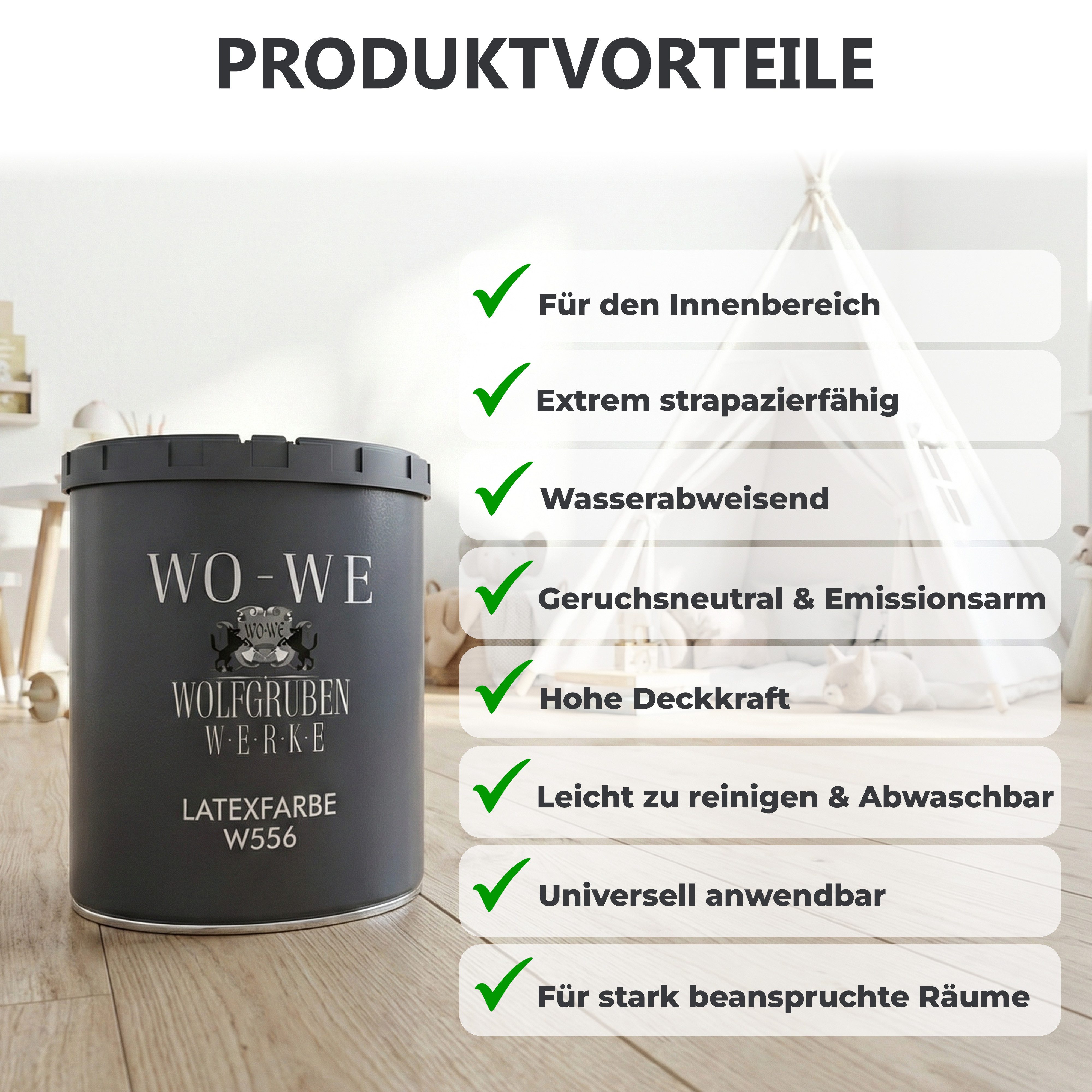 WO-WE Latexfarbe Wandfarbe Abwaschbare Innenweiß Küchenwandfarbe W556, 1-20L, Weiß Seidenmatt