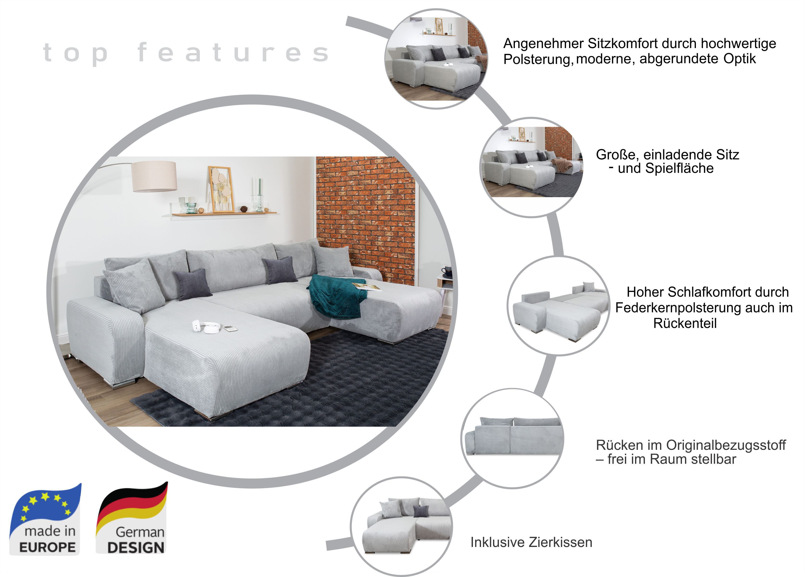 COLLECTION AB Wohnlandschaft Paola U-Form, B: 314 cm, Bettfunktion, Bettkasten & 4 Zierkissen, Federkern
