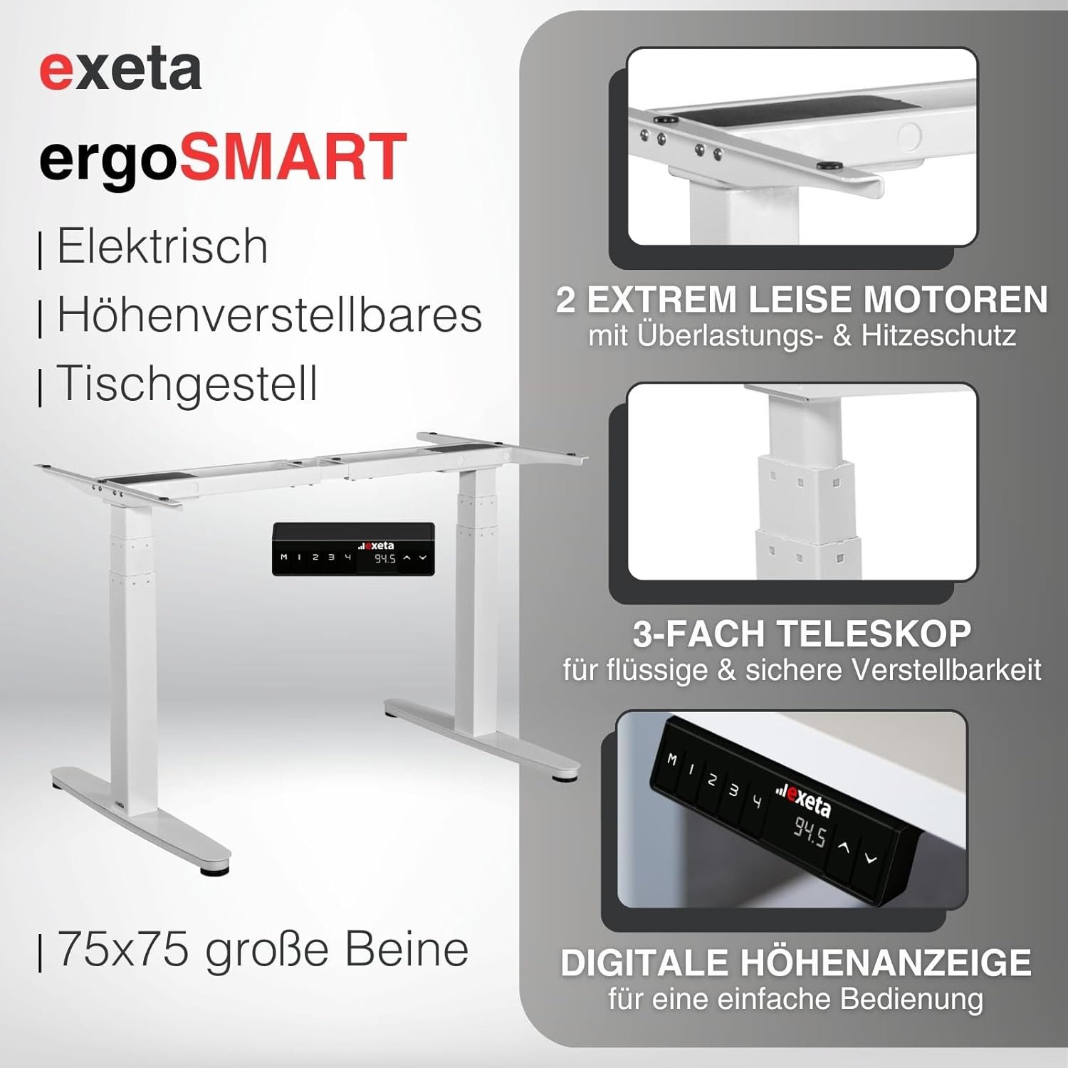 exeta Tischgestell ergoSMART Elektrisch höhenverstellbarer Schreibtisch mit 2 Motoren