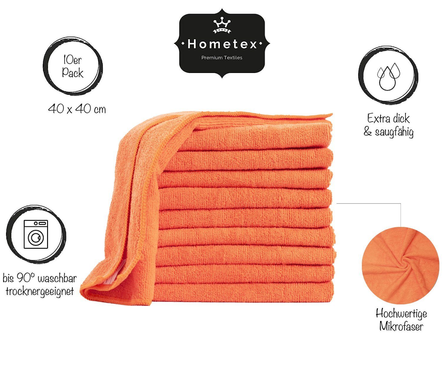 Mikrofaser Textiles für (10-tlg), Barista Hometex Premium Küche Reinigungstuch 40 cm, Geschirrtuch Orange Autopflege, Putztuch, x Ideal 40 Staubtuch und