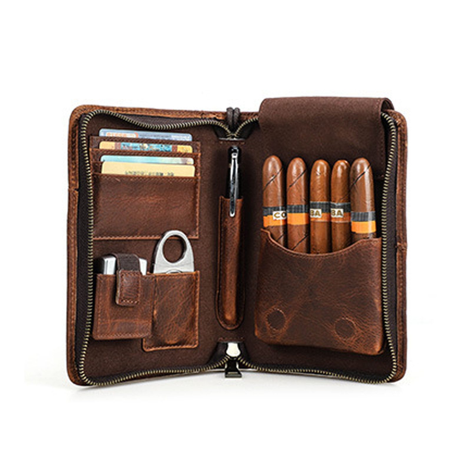 YUBRO-STUDIO Tabakbeutel Echtes Leder Zigarrenetui 5 Steckplätze Handgelenk günstig online kaufen